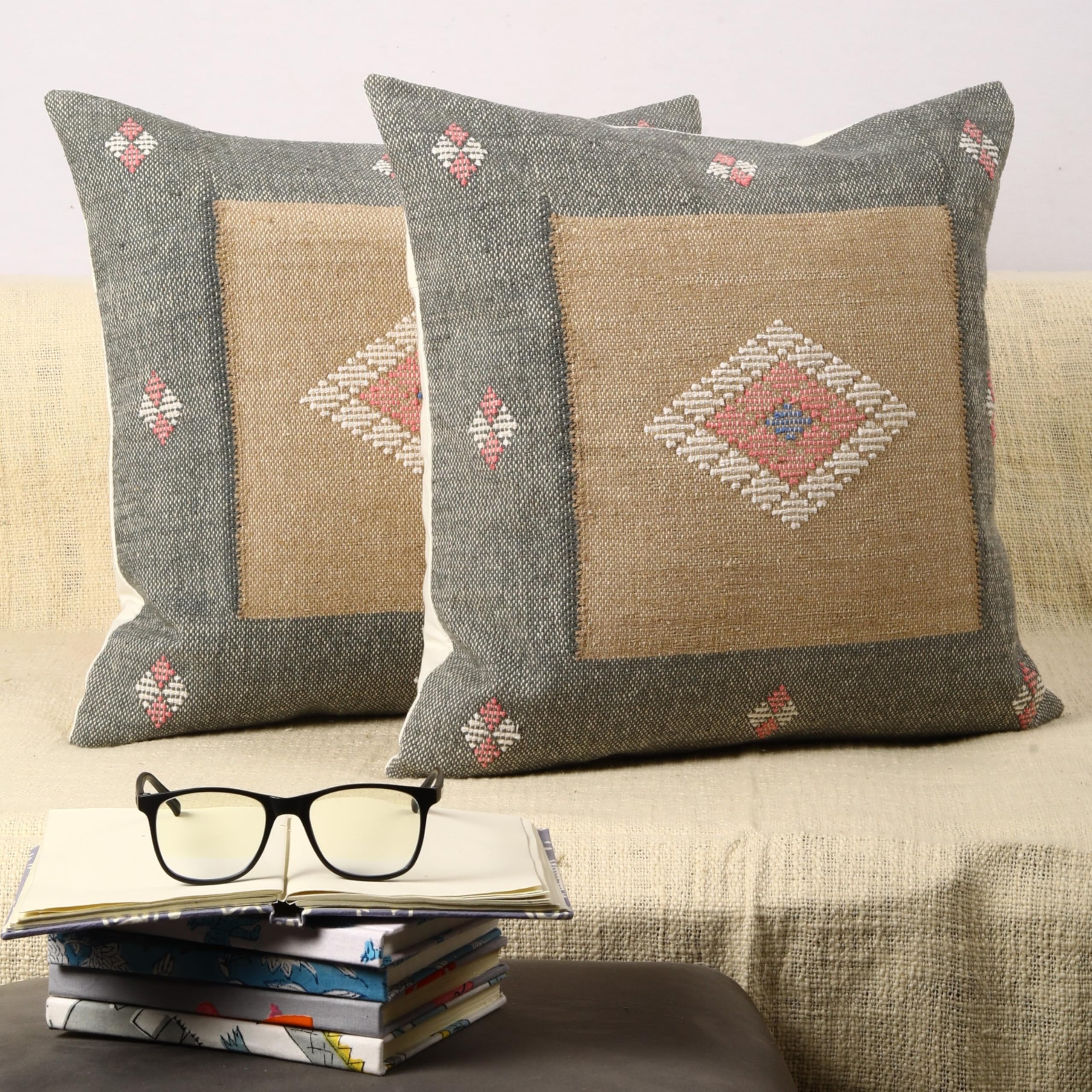 Trade Star Kilim - Juego de 2 fundas de cojín decorativas de 70 % yute, 30 % lana, muy duraderas, tejidas a mano (Sabra 20)