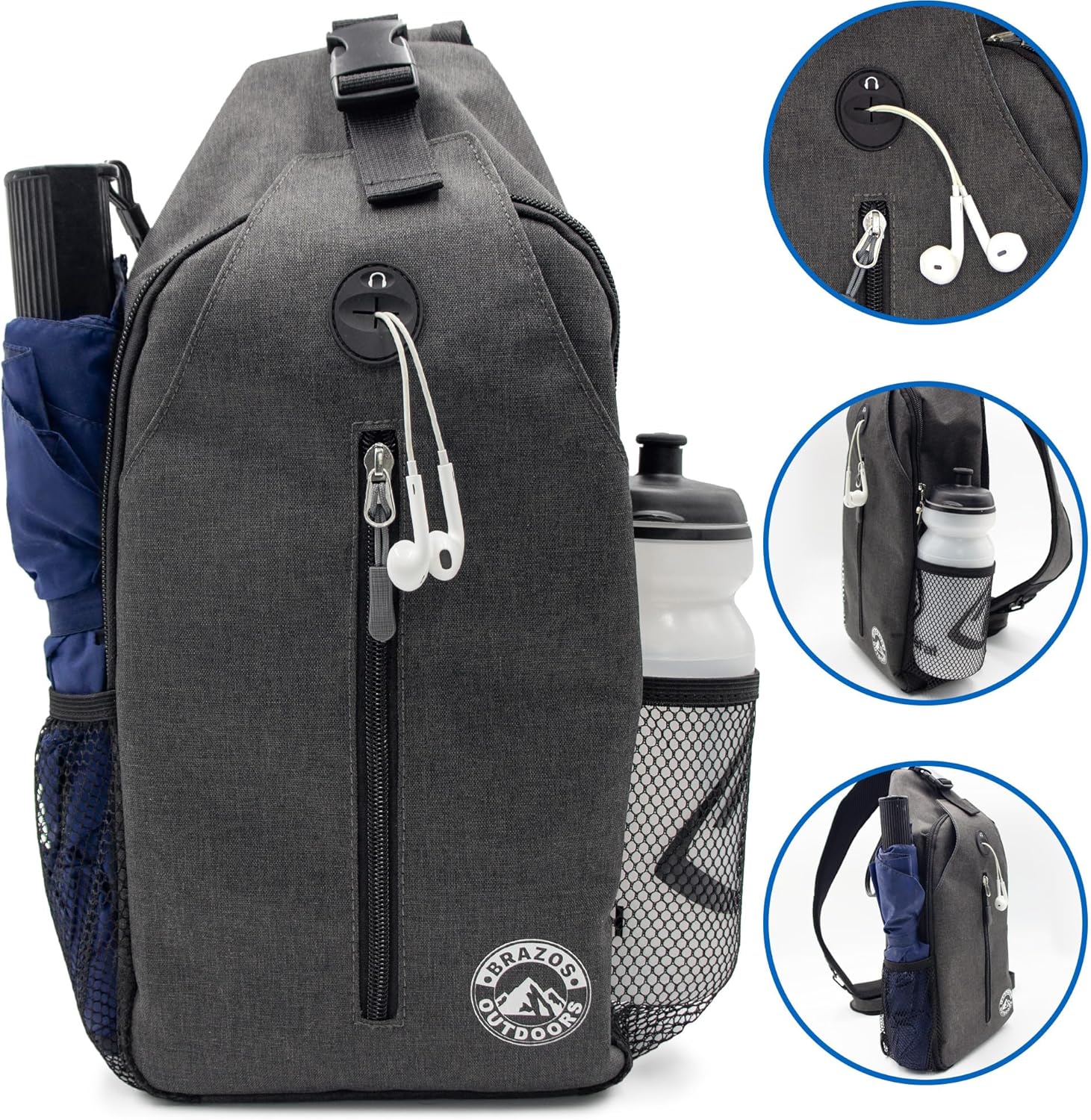 Brazos Crossbody Sling Hiking Daypack, 6 Pocket Design, Removable Phone Compartment, Headphone Accessible Hole, Reversible Shoulder Strap, Hiking Accessory, Grey