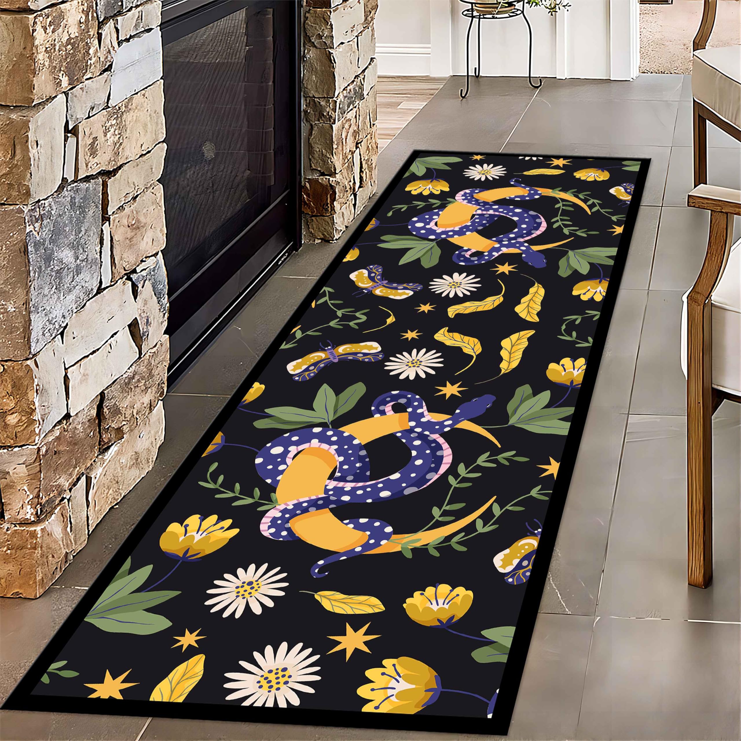 Animal Snake Runner Rug, 2x6ft, Bohemian Style Yellow Floral Butterfly Daisy Leaf Snake and Moon Creative Hallway Runner, Non-Slip Non-Shedding Carpet