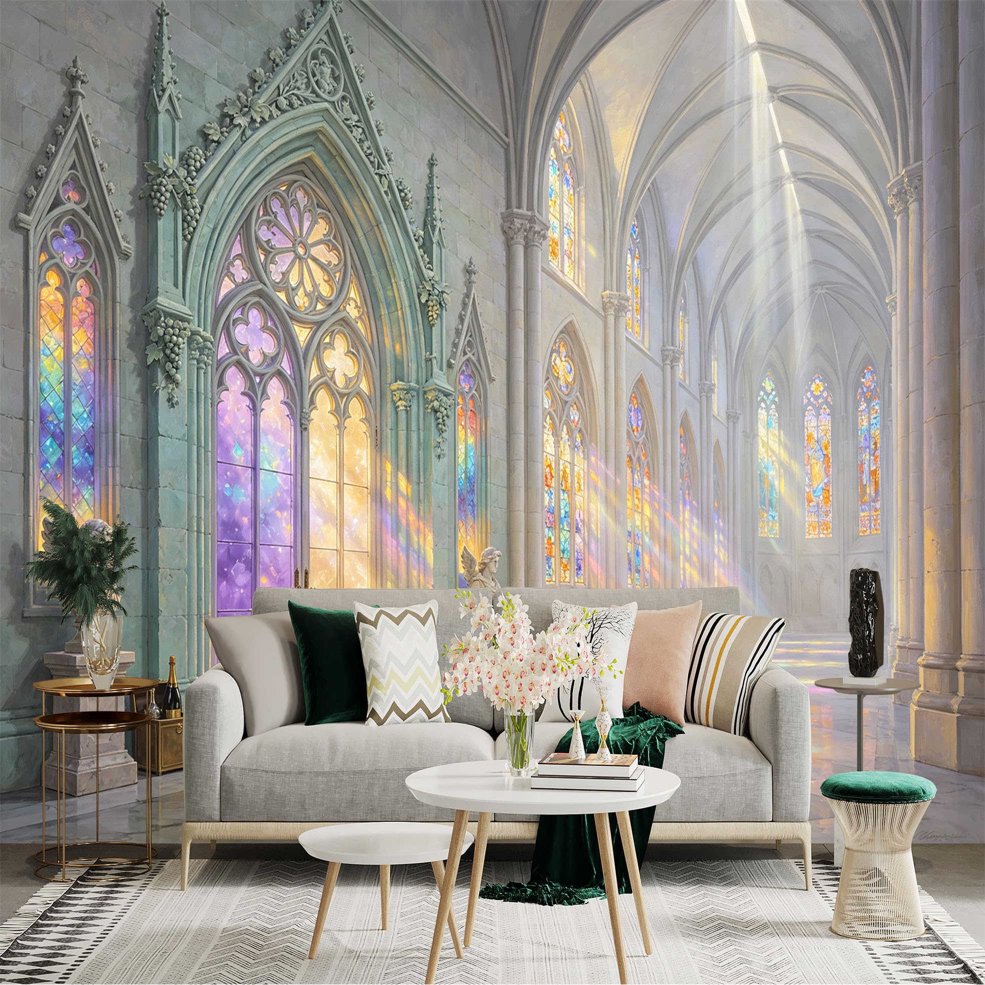 Custom Size Wall Sticker Mural， Gothic Cathedral Hall with Stained Glass Windows and Sunlight Beams， for wall Decoration， peelandstick wall Decals.