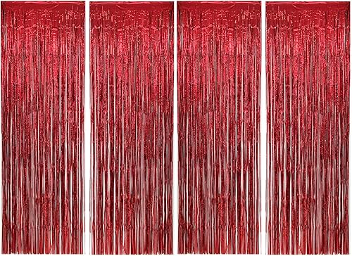 Allgala 4PK 3.3 x 9.8 pies (3.3 x 9.8 ft) cortinas de fondo de fotos de fiesta de oropel metálico para decoración de puerta con flecos, rojo-BD52605