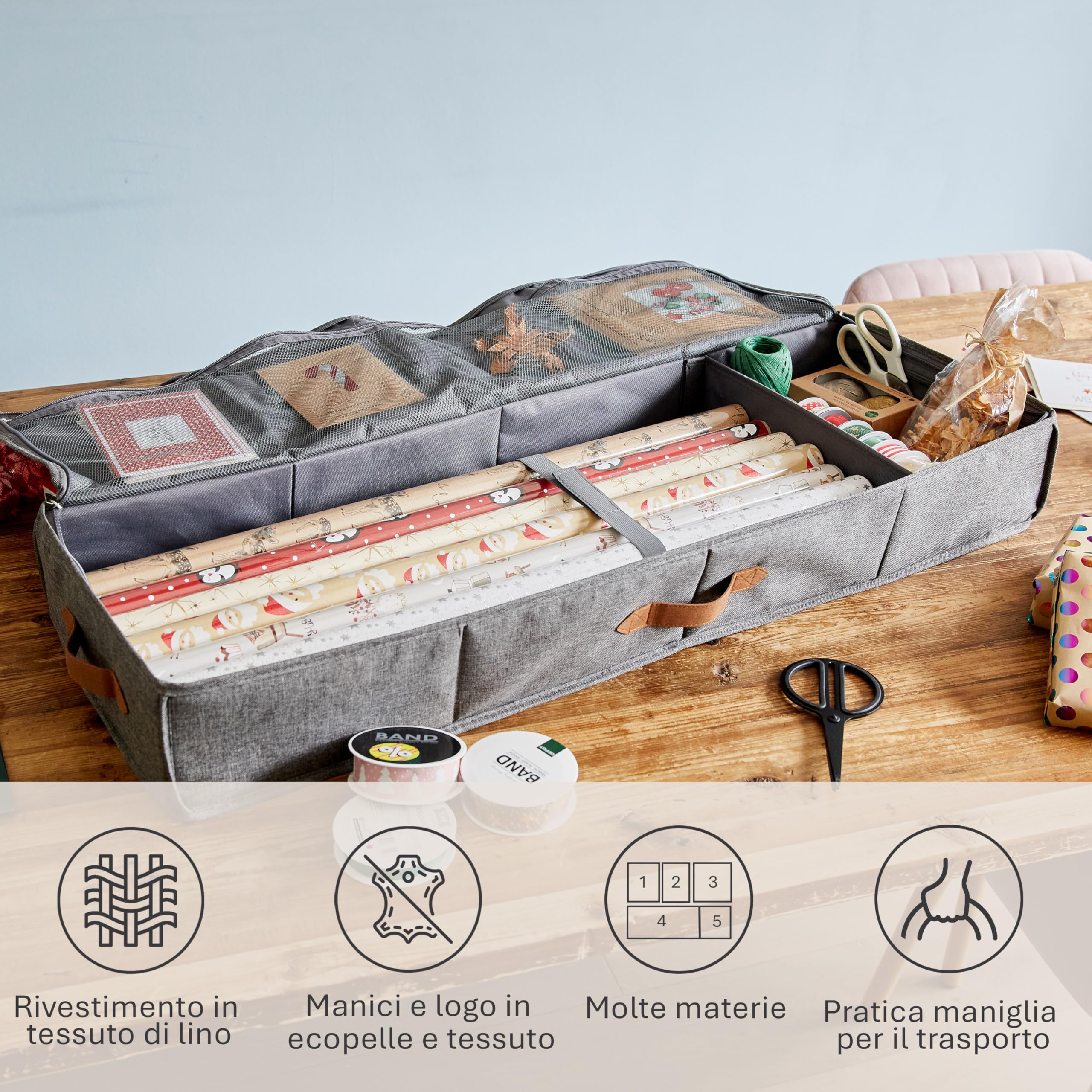 LOVE IT STORE IT - Organizer Carta Regalo in Tessuto - Contenitore Carta Regalo con Cerniera e Manici - Porta Carte Regalo per Rotoli e Nastri - Grigio - 90x30x12 cm