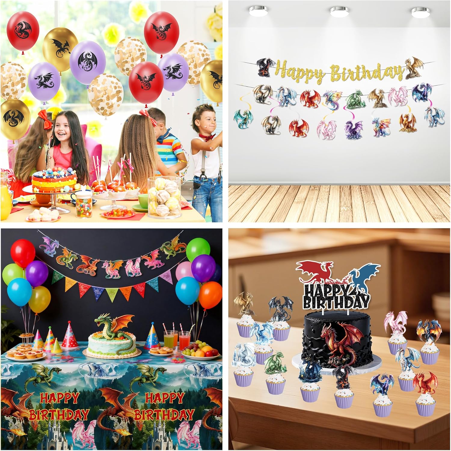 Dragon Birthday Party Decorations, Magical Fantasy World Flying Dragon Party Supplies, Plate, Cup, Cutlery, Napkin, Tablecloth, Banner, Swirls, Cake Topper, Balloon, Cutlery, Straw, Serve 24