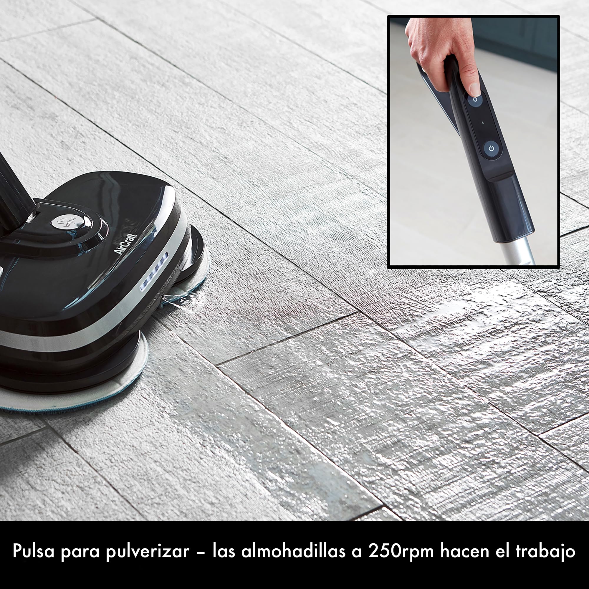 AirCraft Home, PowerGlide Limpiador y Pulidor de Suelos Duros Inalámbrico con 8 Almohadillas, Batería Recargable para Madera, Baldosas, Terrazo y Laminado