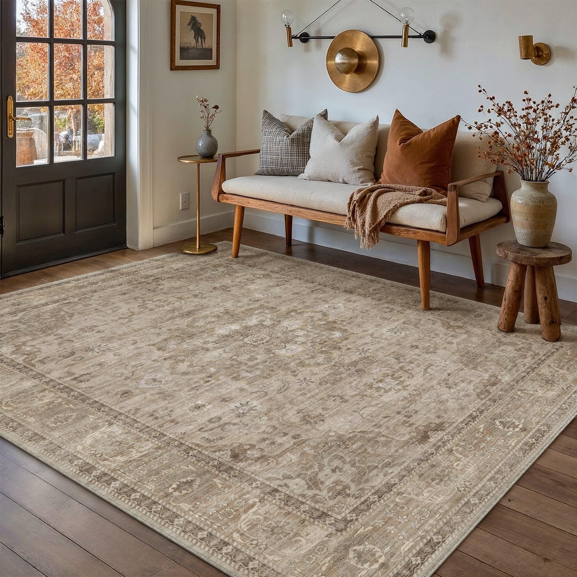 hugear washable 5x7 area rugs retro brown living room bedroom rug vintage distressed non slip stain resistant low pile neutral throw carpet for home decor