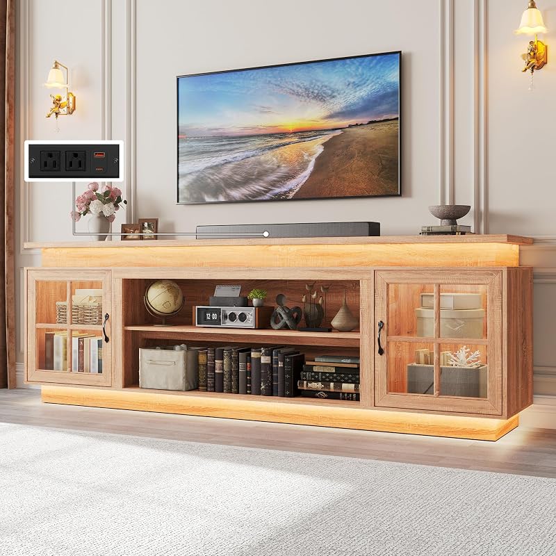 Hlivelood Modern Natural Wood TV Stand for 90 Inch TV,Entertainment Center