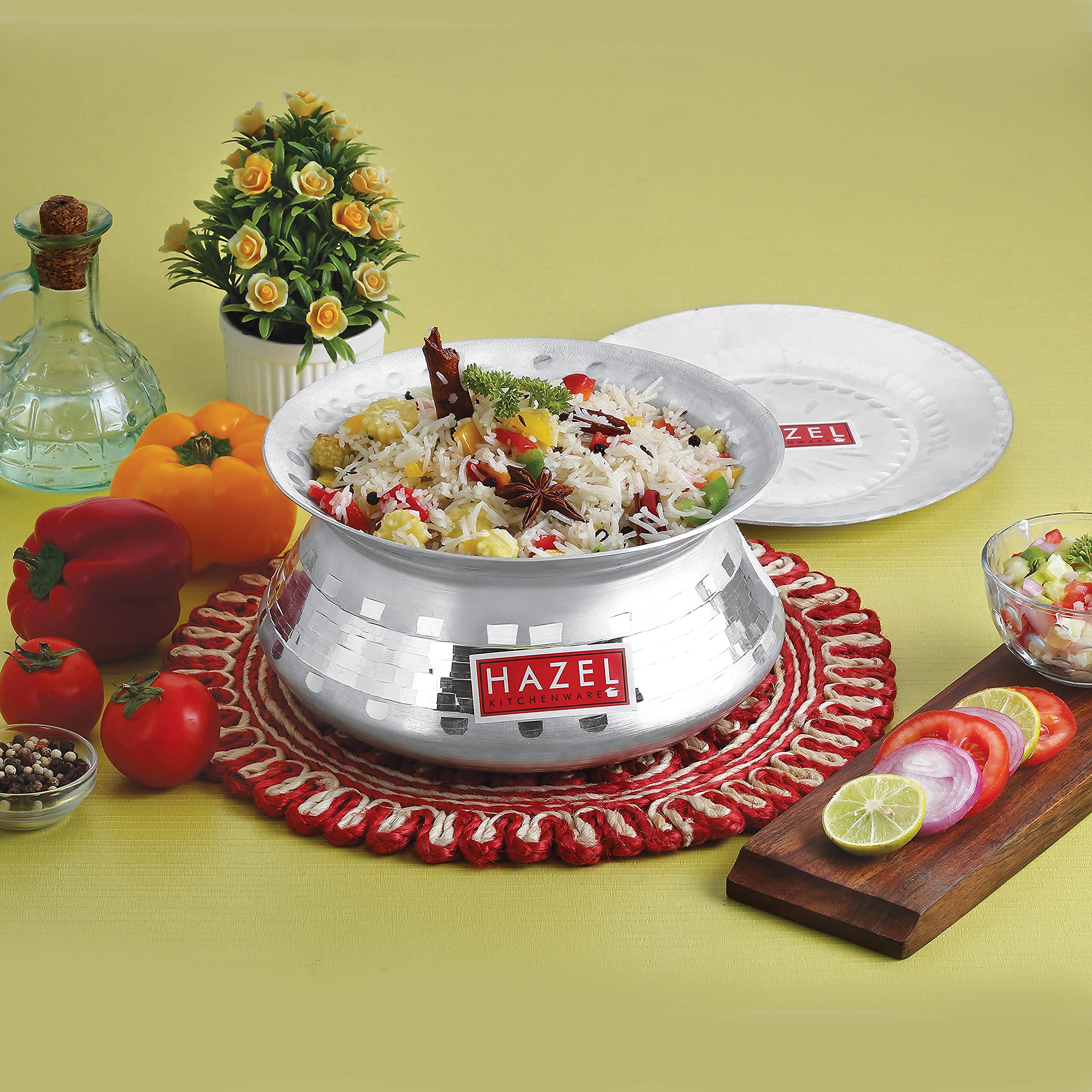 HAZEL Aluminium Handi with Lid | 3200ml, 24cm Cooking Pot for Biryani, Curry & Rice | Durable Traditional Hammered Patila Tope Vessel