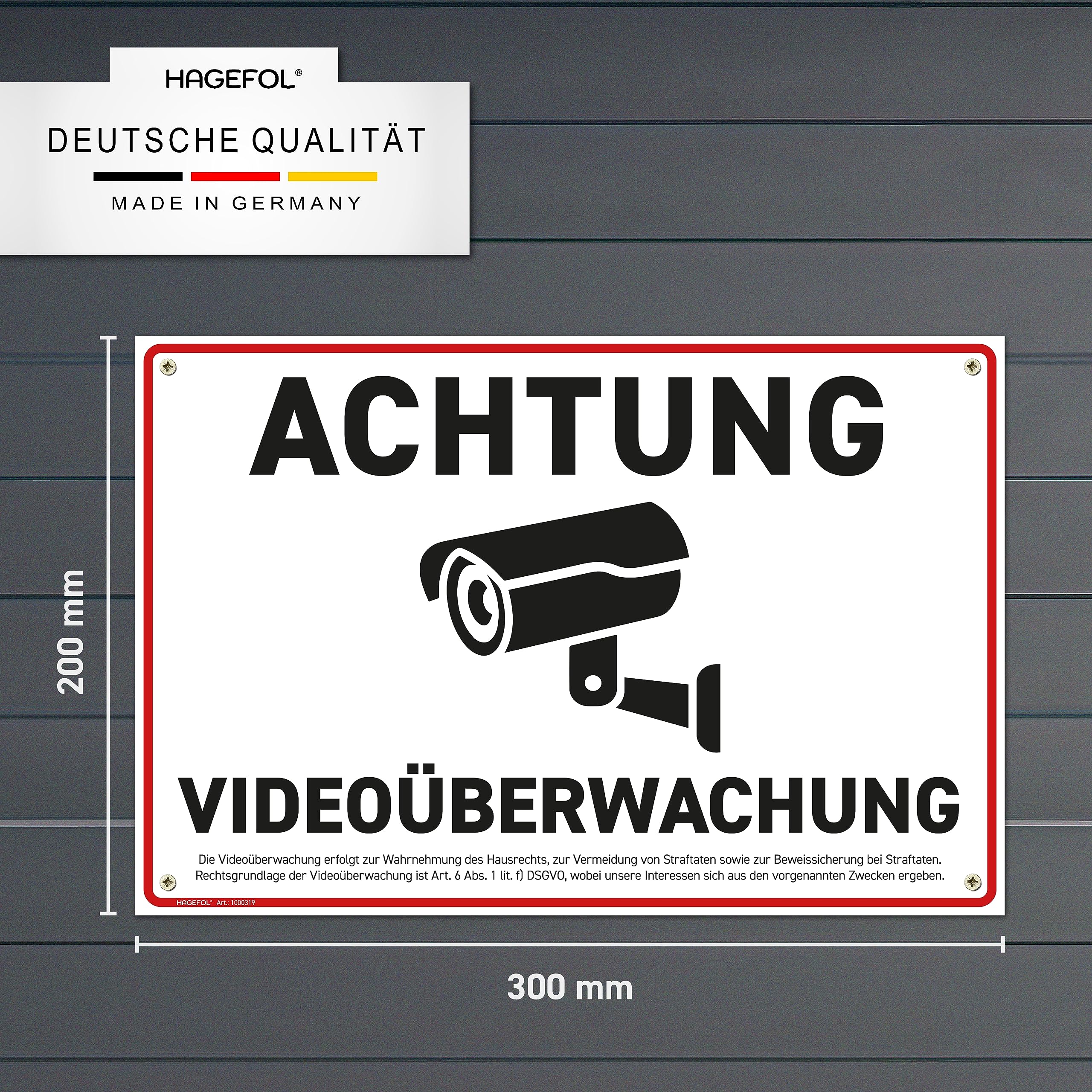 HAGEFOL® Videoüberwachung Schild Mit DSGVO Hinweis – Aluminium Weiß, 20x15cm Klein, Wetterfest Mit Bohrlöchern