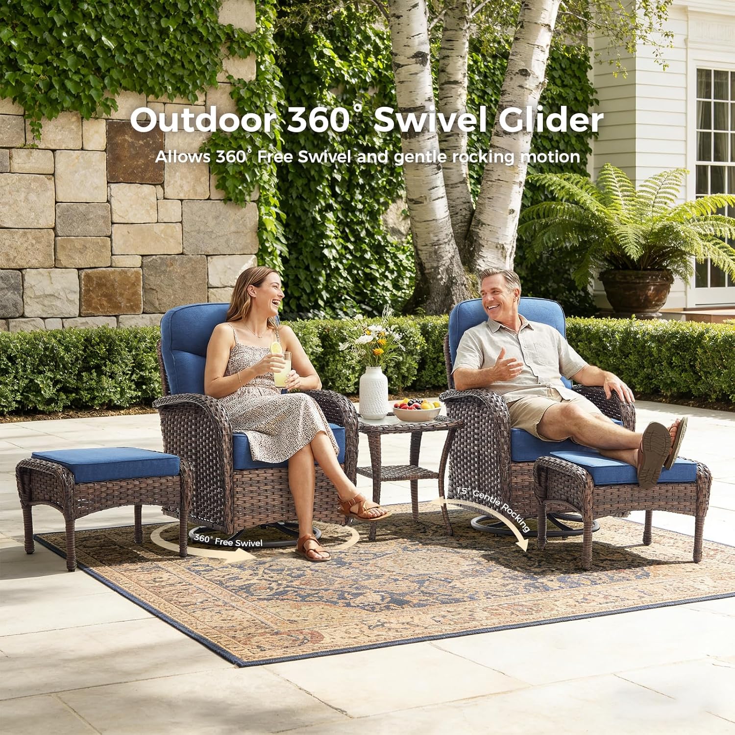 Luxury Outdoor Swivel Rocker Patio Chairs with 6-Inch Thick Cushions, High Back Swivel Glider Patio Chairs, 3PCS Wicker Outdoor Furniture Set for Porch, Patio, Yard, Deck, Poolside, Brown/Blue