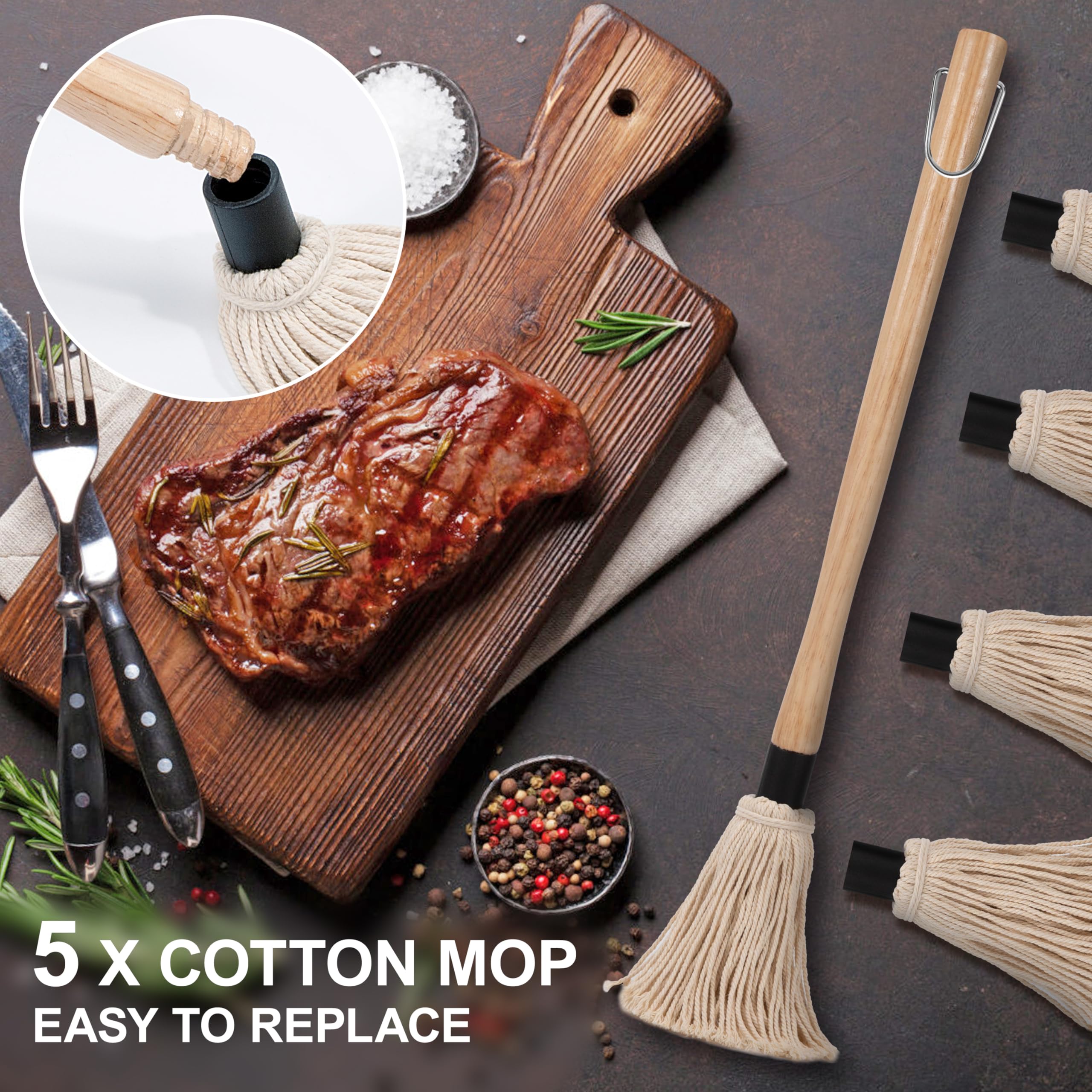 Pennelli per Barbecue Legno, Spazzole Mocio per Salsa Barbecue Marinate con Manico in Legno, Pennelli Cucina Testa in Cotone Lavabile con 4 Testine di Ricambio, per Arrostire e Grigliare