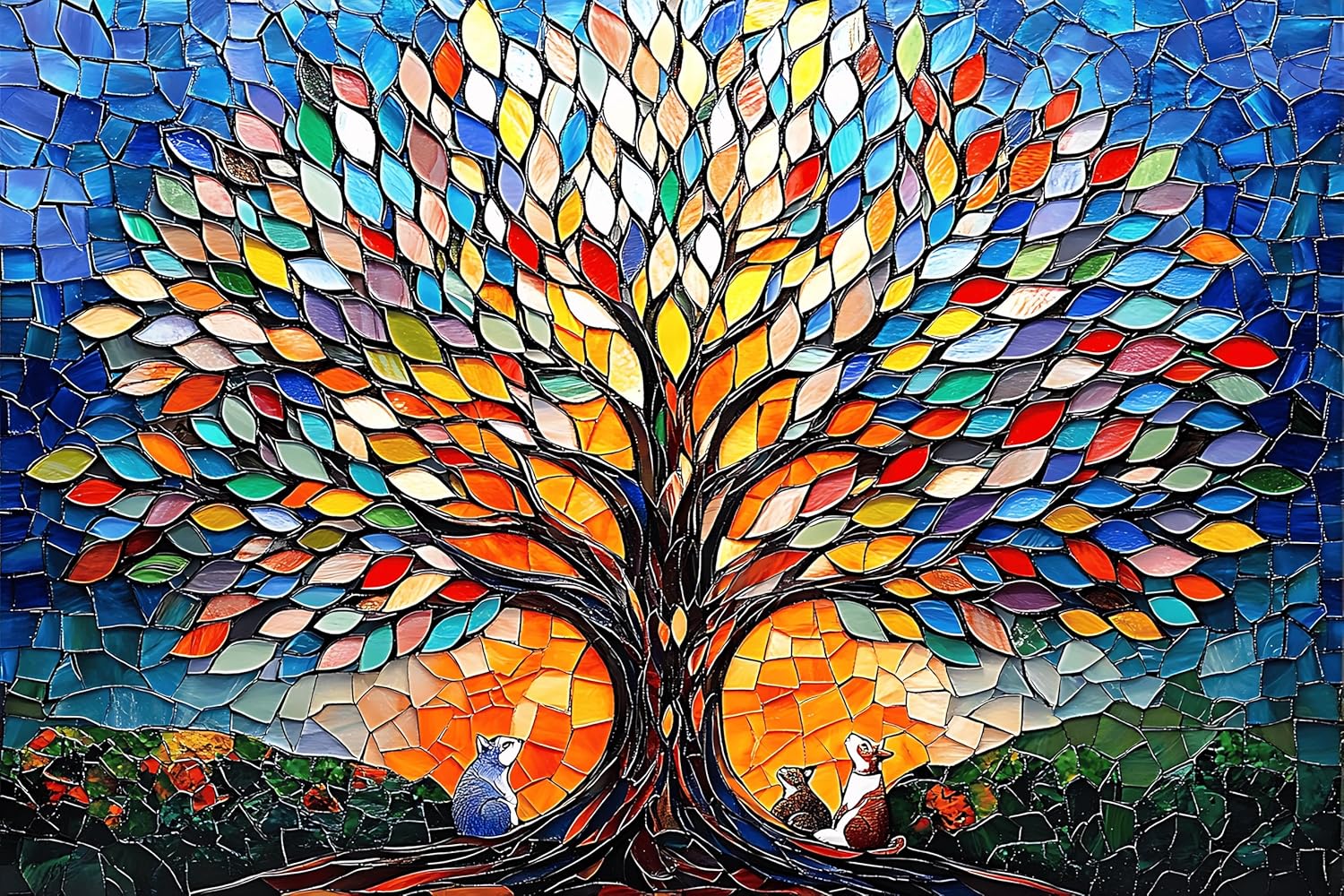 Stained Glass Puzzle Tree of Life Puzzles for Adults 1000 Pieces，Vibrant Stained Glass Tree of Life with Cats, Colorful Sunset Mosaic Impossible Hard Difficult Challenging Puzzles for Adults