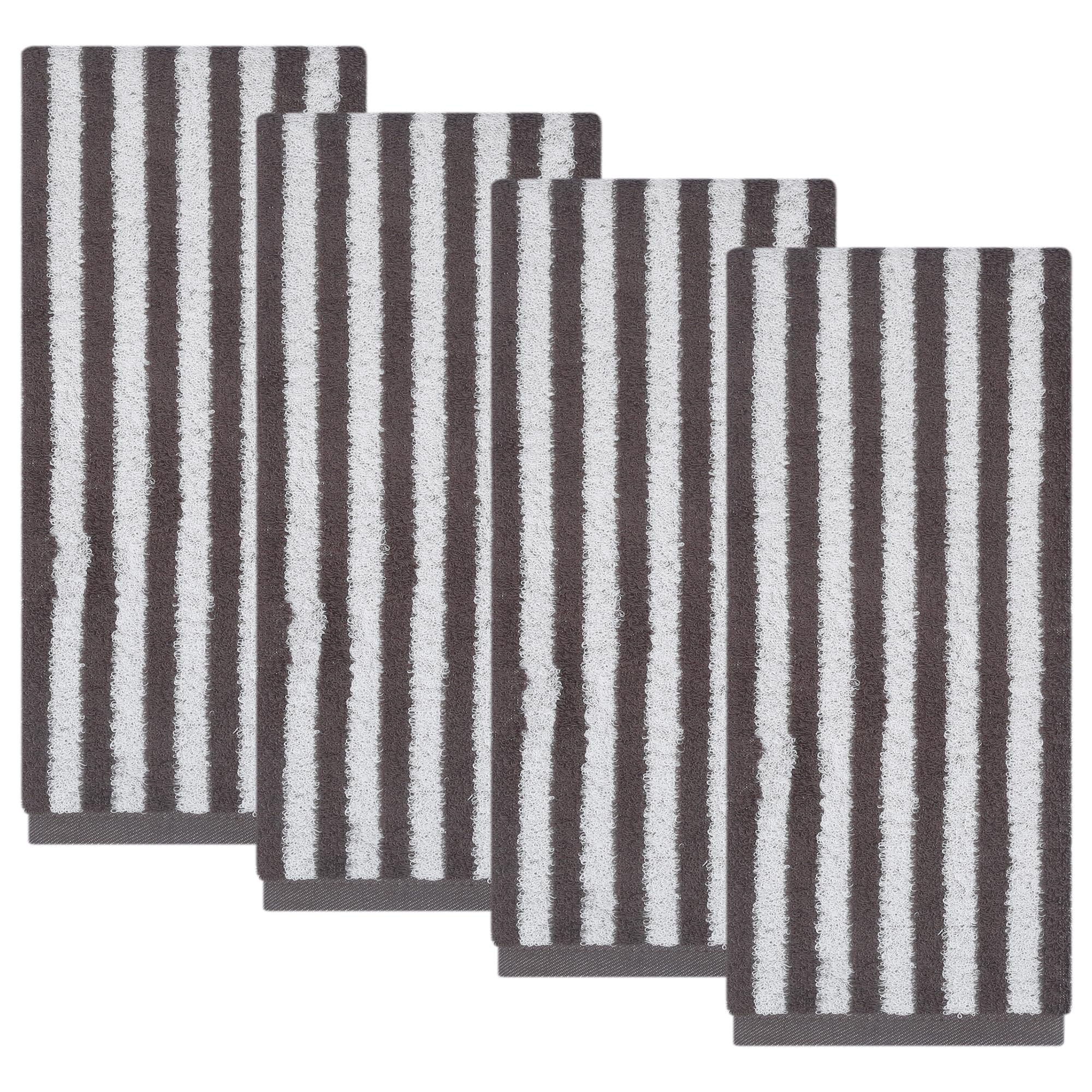 HMETOL Classic Striped Cotton Hand Towels, Ultra Plush Absorbent Quick Dry Towels for Bathroom, Kitchen, Guest Room, 34 x 73 cm Grey Pack of 4