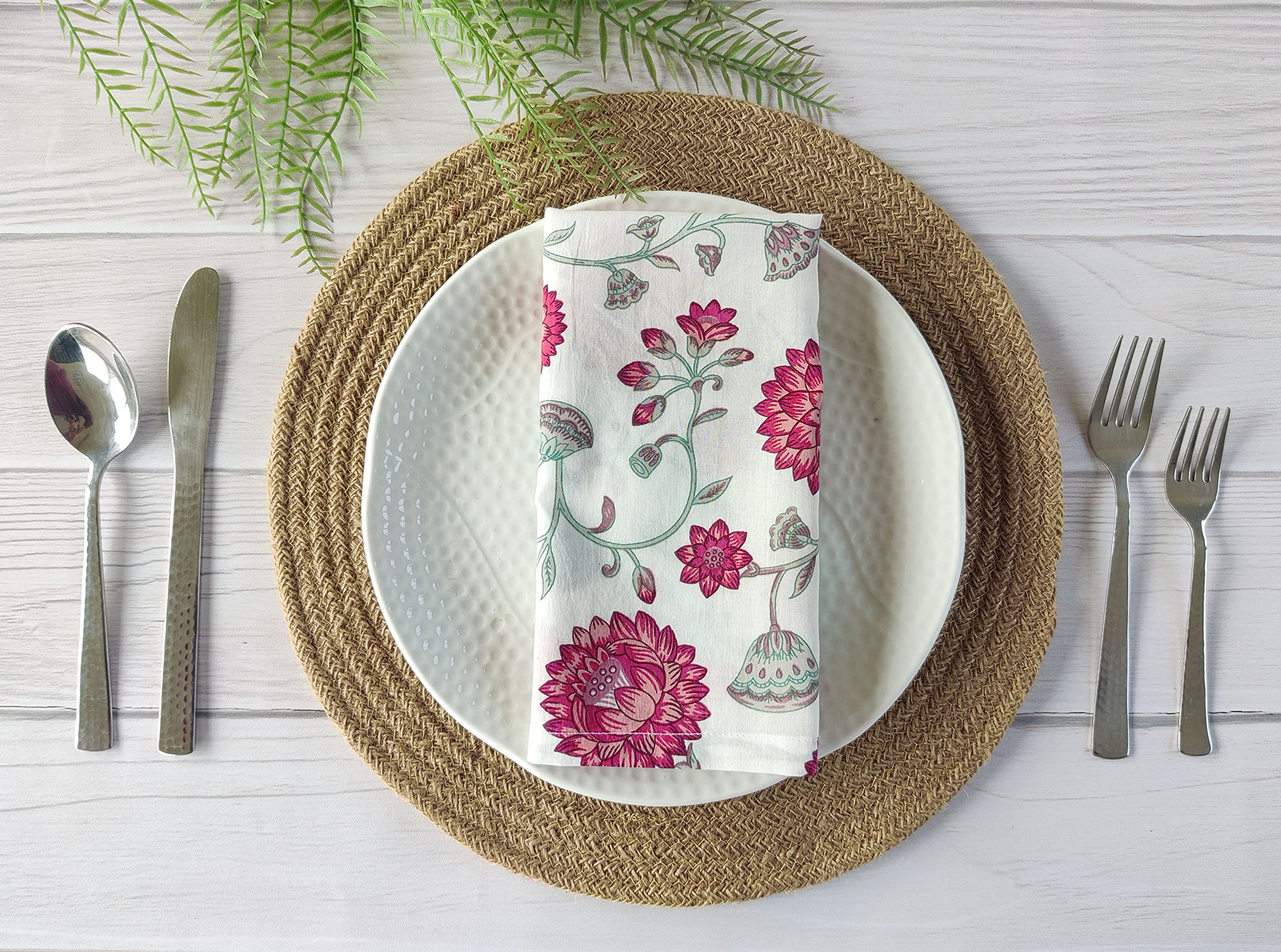Craftbot Soft Washable Thin Cotton Printed Napkins 18x18 inches - Set of 6 - Everyday Use or Dinner Party and Events - Red and White Floral Pattern Lightweight Indian Block Print Fabric