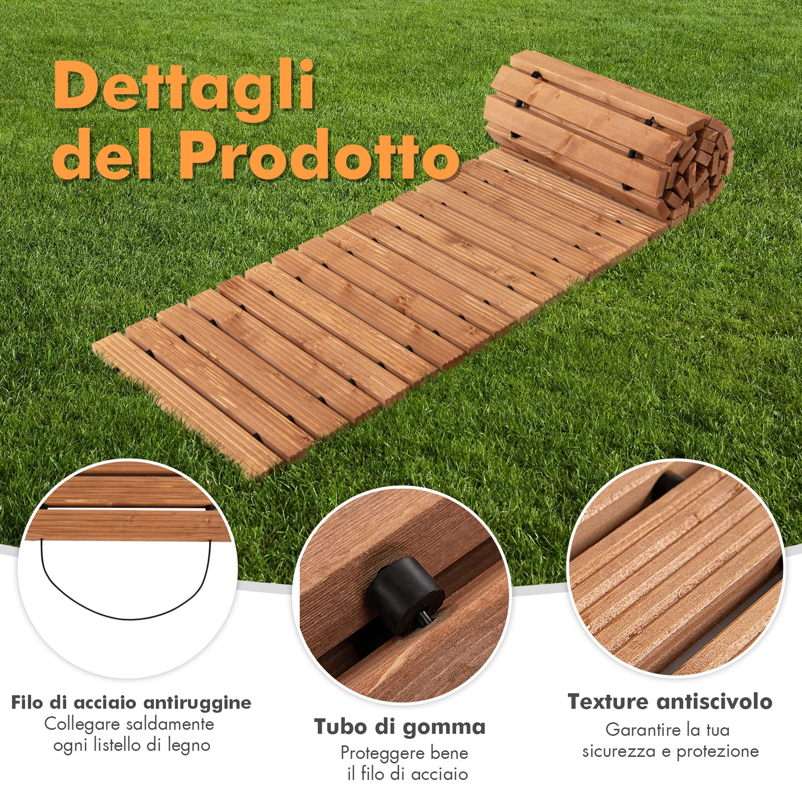 COSTWAY Passerella Arrotolabile per Giardino, Sentiero da Giardino con Filo di Ferro e Consistenza Antiscivolo Resistente alle Intemperie, Percorso in Legno per Cortile e Spiaggia (245 x 43 x 2 cm)