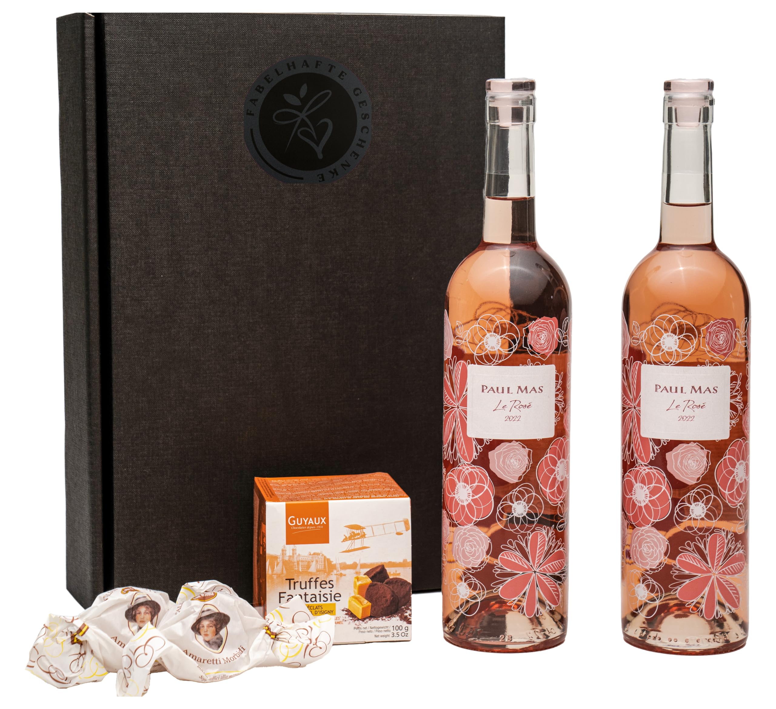 Geschenkset Roséwein mit Schokoladentrüffel und Amaretti