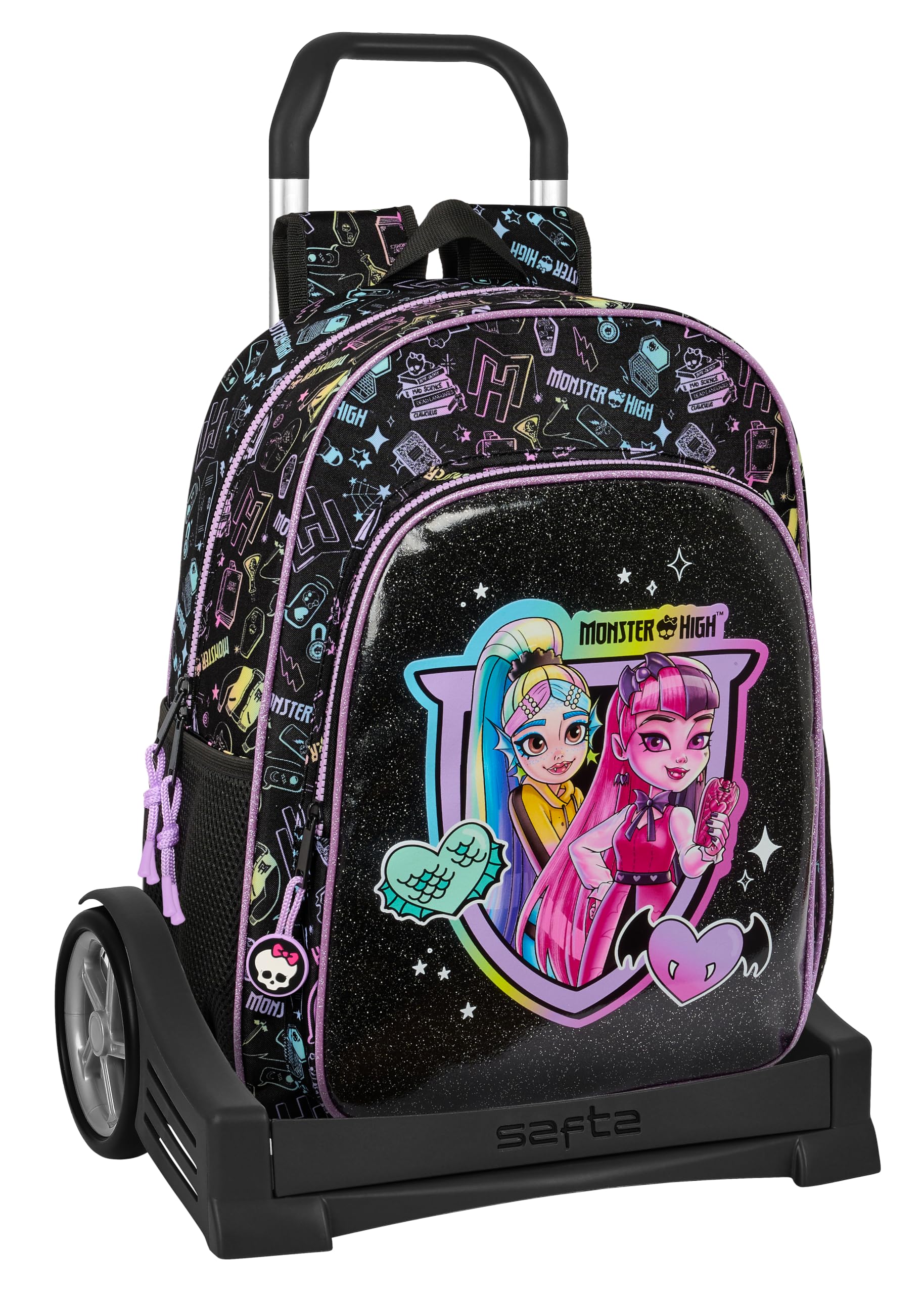 Safta MONSTER HIGH - Mochila Escolar 180, Espalda Ergonómica, con Carro Evolution, Ideal para Niños de Diferentes Edades, Cómoda y Versátil, Calidad y Resistencia, 33x14x42 cm, Color Negro