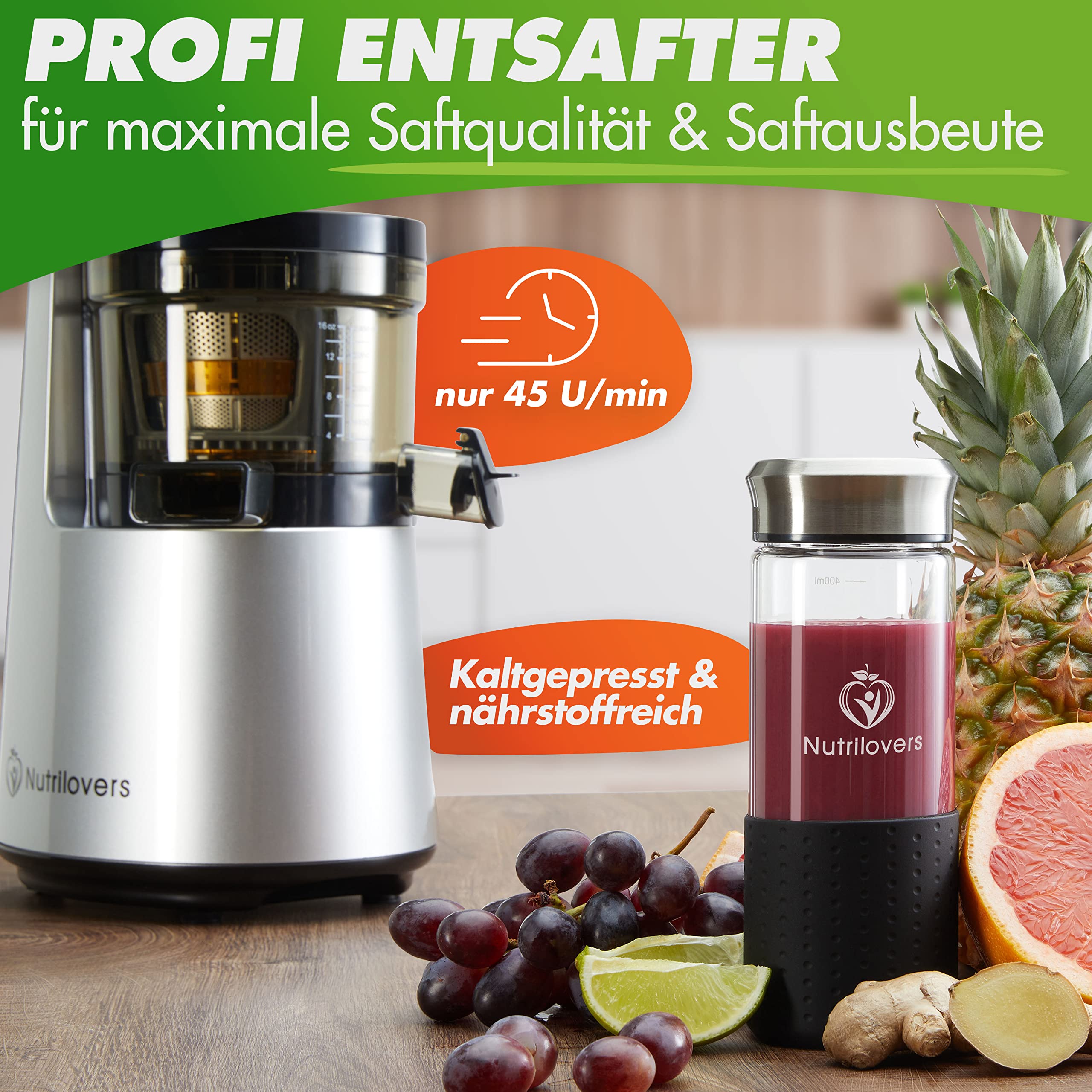 Nutrilovers Entsafter Slow Juicer NUTRI-PRESS NO.1 Testsieger Saftausbeute 3 Siebe Saft, Smoothie, Frucht-Eis, Sehr leise, BPA-Frei