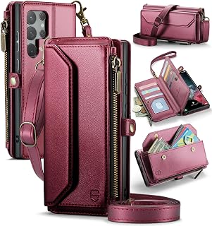 Strapurs Crossbody Wallet Case Compatible with Samsung Galaxy S22 Ultra 5G RFID Blocking 10-Card Holder Soft PU Leather Magnetic Snap Strap Zipper Pocket Phone Case Fit for Galaxy S22 Ultra - Wine Red