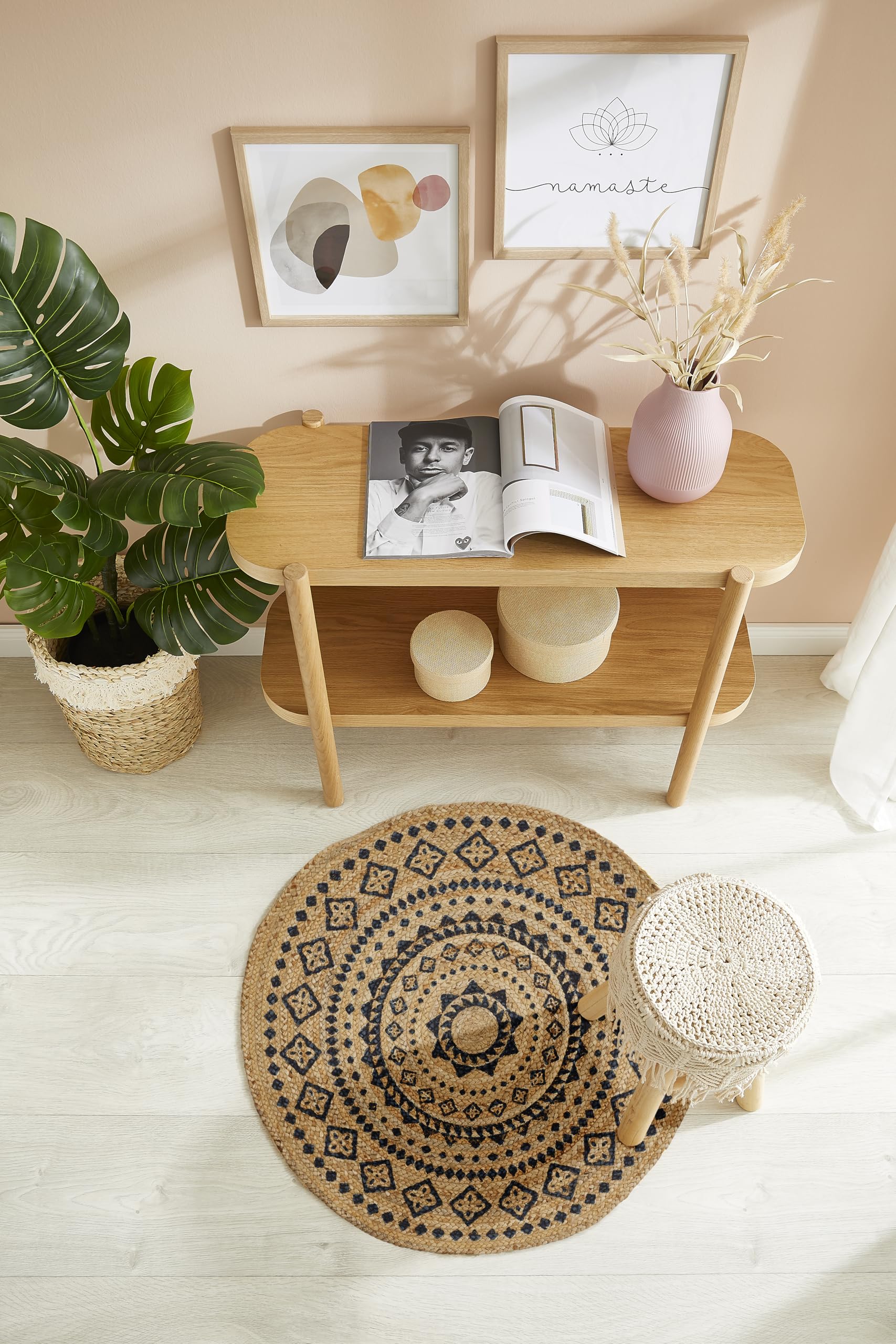 -LUXOR- living Tapis Mamda - Tapis Rond en Jute - Convient également comme Tapis de Chambre à Coucher - Tapis bohème Durable Beige - Tapis de Salon - Produit Naturel 120 cm - Rond - Ornement