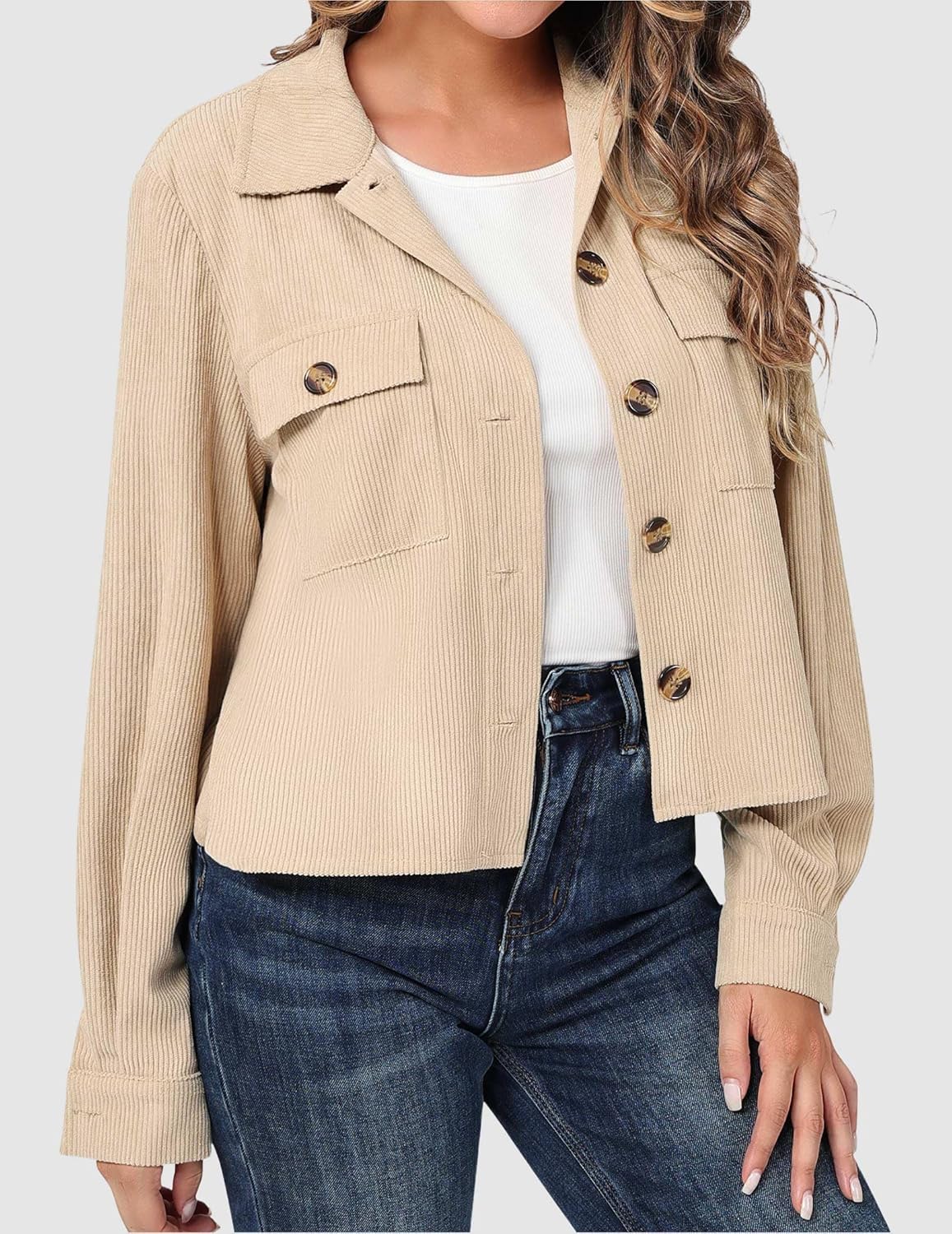 Women's Trendy Fall Cropped Corduroy Shacket Button Front Long Sleeve Lightweight Jacket Top - Image 2