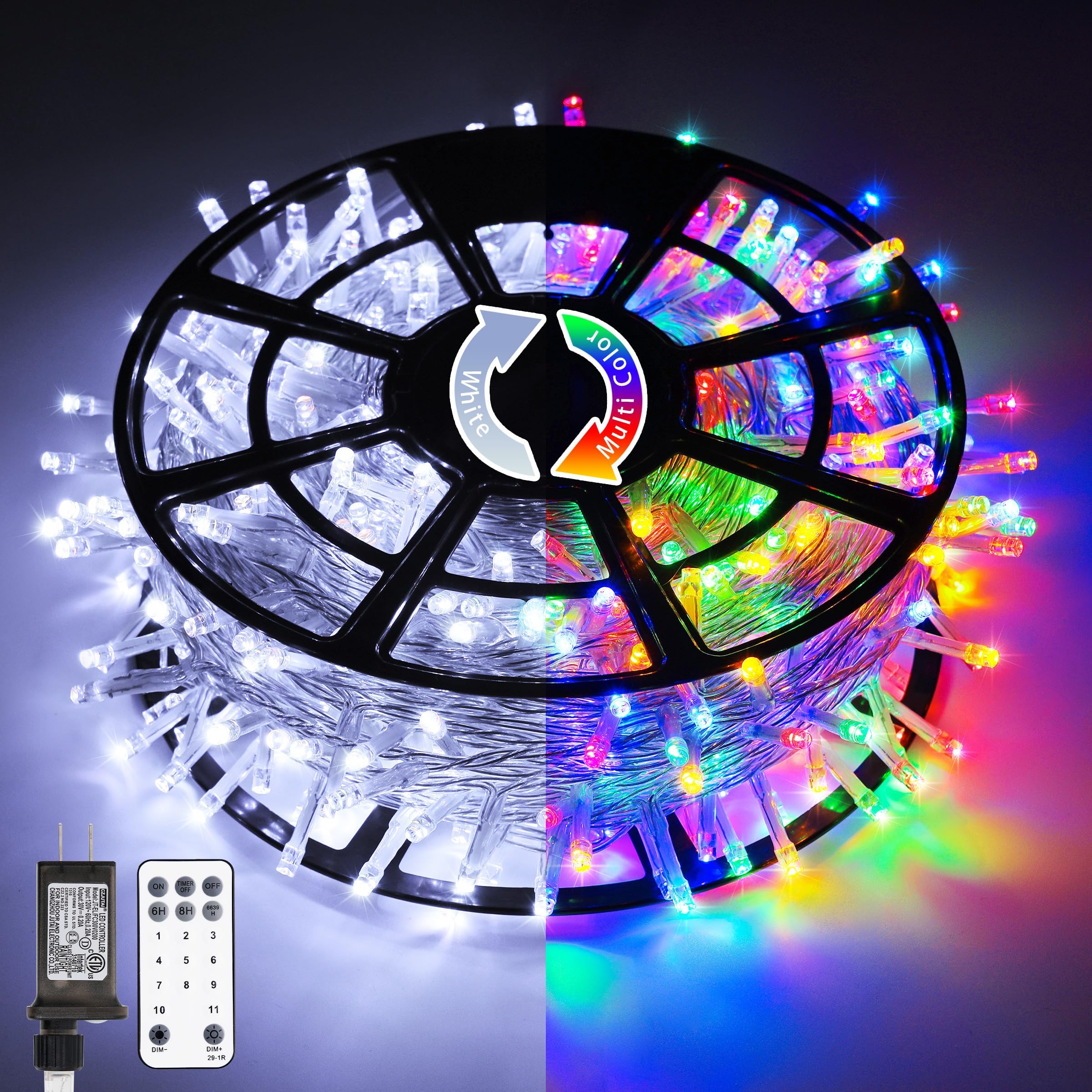 JMEXSUSS Christmas Lights, 600 LED 168FT Color Changing Christmas Tree Lights with Remote, 11 Modes, Timer, Waterproof, Clear Wire String Lights for Xmas Décor, White & Multicolor