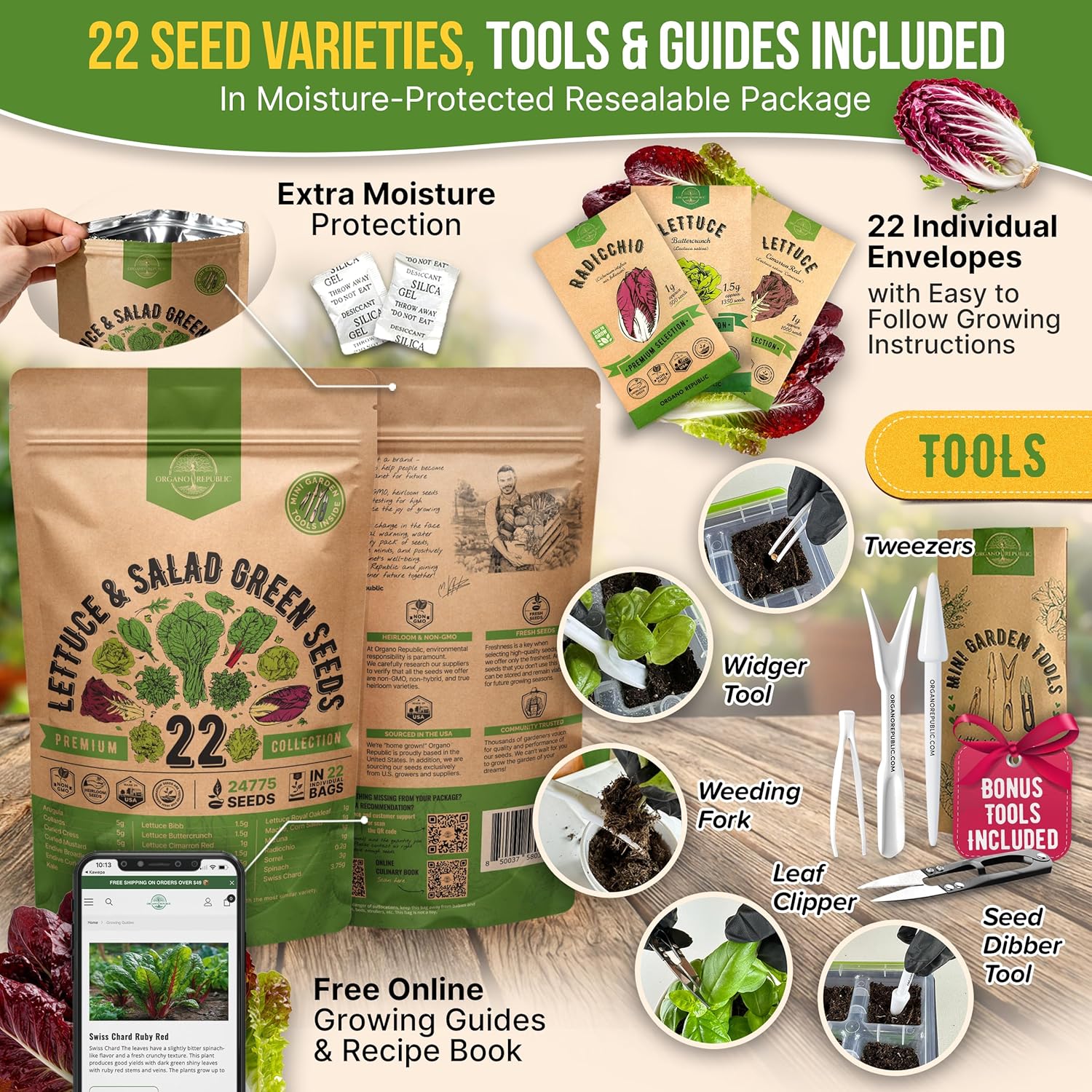 Organo Republic 22 Lettuce & Salad Greens Seeds Variety Pack 24,700+ Non-GMO Heirloom Lettuce Seeds for Indoor & Outdoor Garden, Hydroponic & Aeroponic - 2026 Season - Arugula, Spinach, Swiss Chard