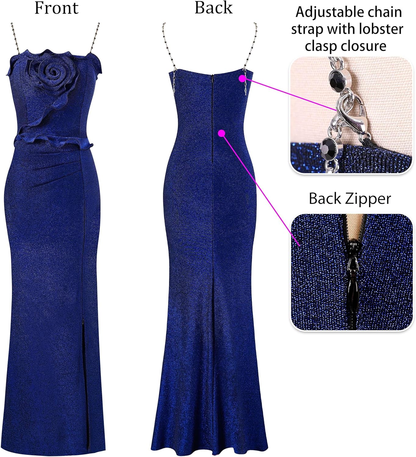 VFSHOW Womens Formal Prom Beaded Spaghetti Strap Ruffle Ruched Maxi Dress Sexy High Slit 3D Flower Wedding Guest Evening Gown