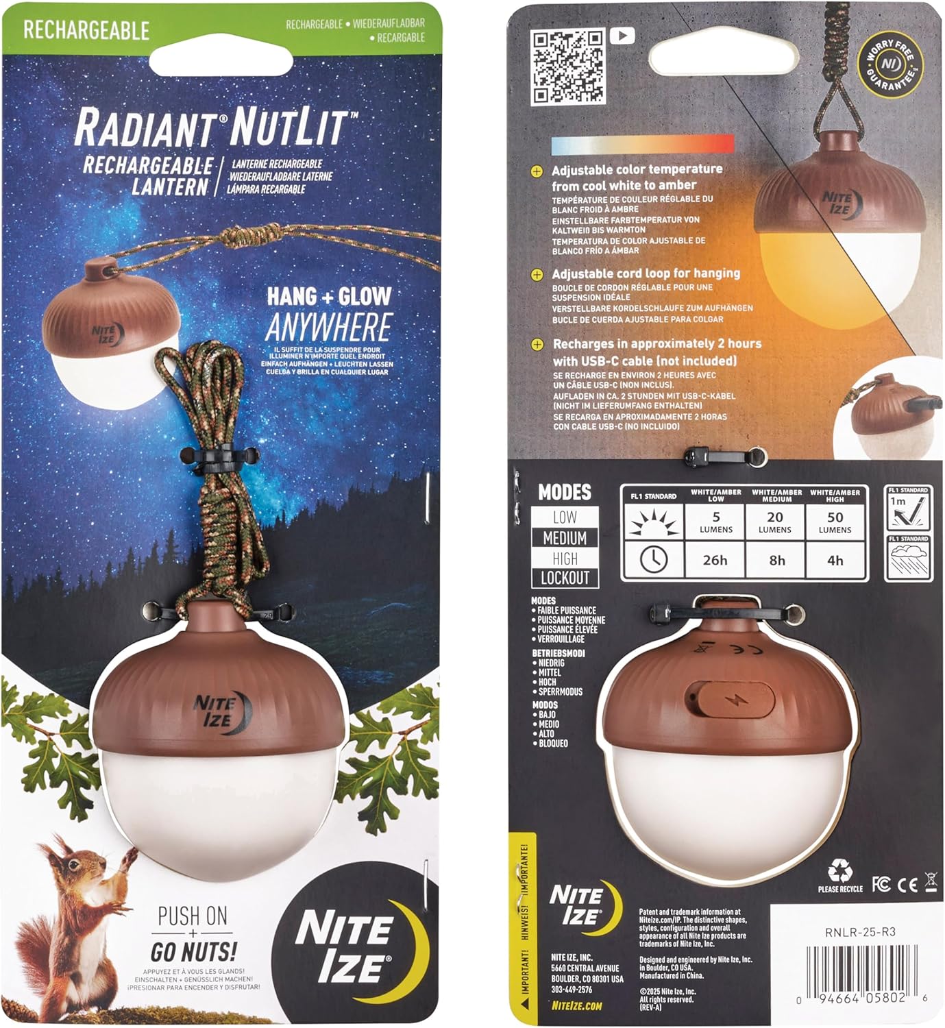 Nite Ize Radiant NutLit Rechargeable Lantern - Acorn-Shaped LED Hanging Lantern for Tents & Kids Rooms - Features Adjustable Color Temperature & Rapid USB-C Charging - Water-Resistant & Drop-Tested