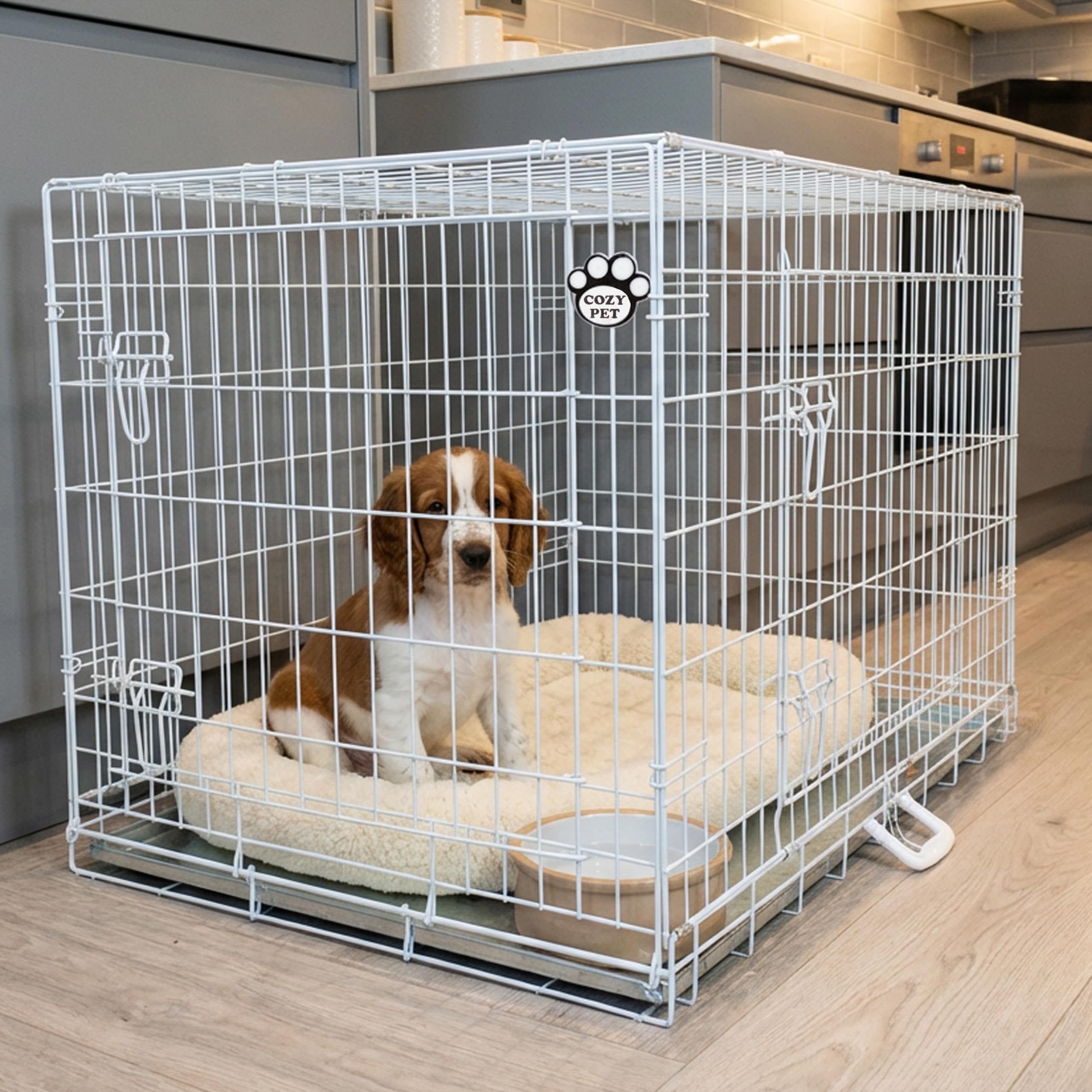 Cozy Pet Dog Crate 42" Galvanised Chew Proof Metal Tray Large Silver Dog Cage 107.5cm Long Folding Silver Puppy Crate Puppy Cage with Chew Proof Metal Tray, Pen, Cat Carrier DC42S
