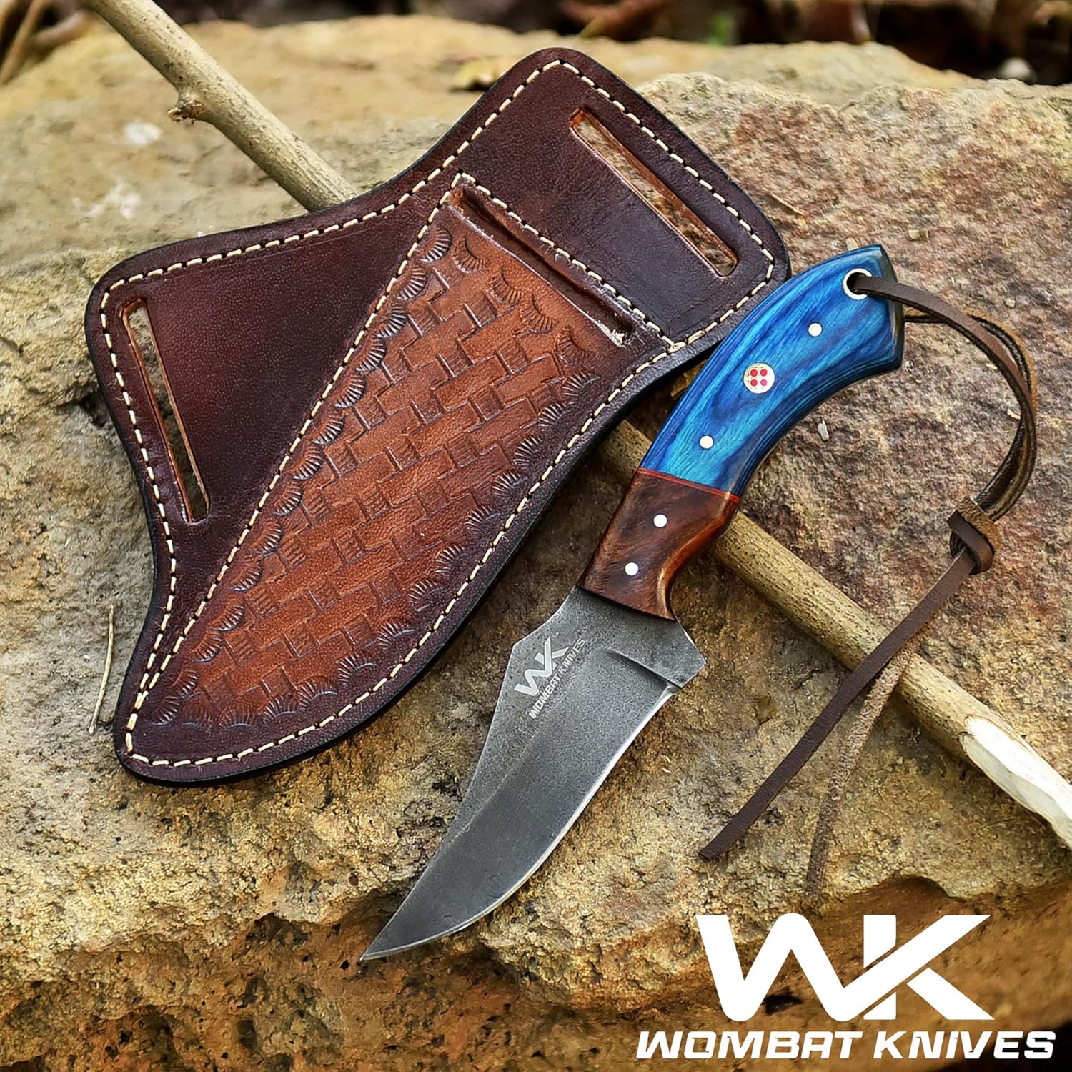 Handmade Cowboy Knife for Men & Women with Leather Sheath, Fixed Blade EDC Hunting Knife for Outdoor Skinning Full Tang blade (Blue Wood)
