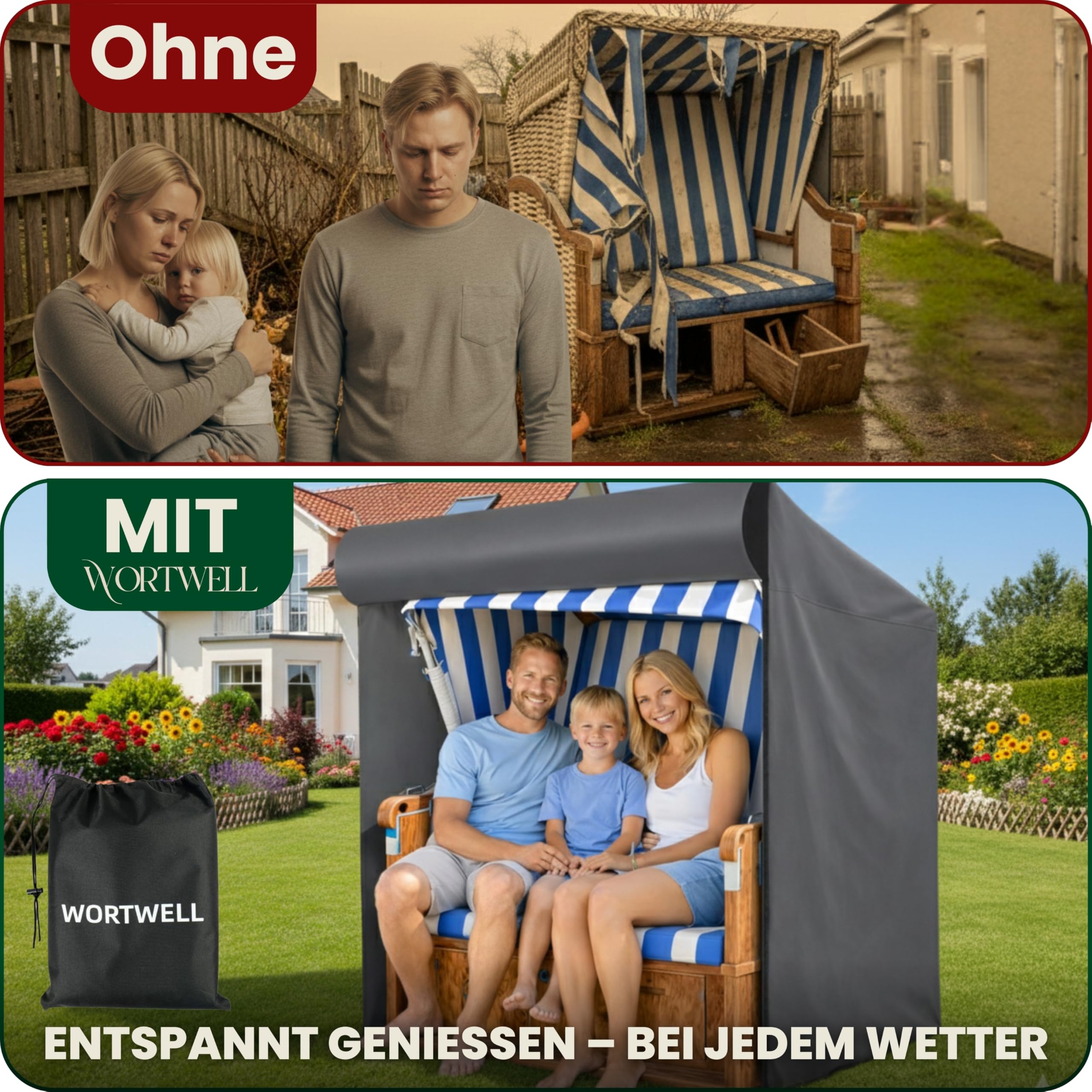 Strandkorb Schutzhülle winterfest Grau 2-Sitzer 600D Oxford Abdeckung Strandkorbhülle Abdeckhaube Abdeckplane wasserdicht 135x105x175/140 cm reißfest wetterfest TPU Beschichtung und Reißverschluss