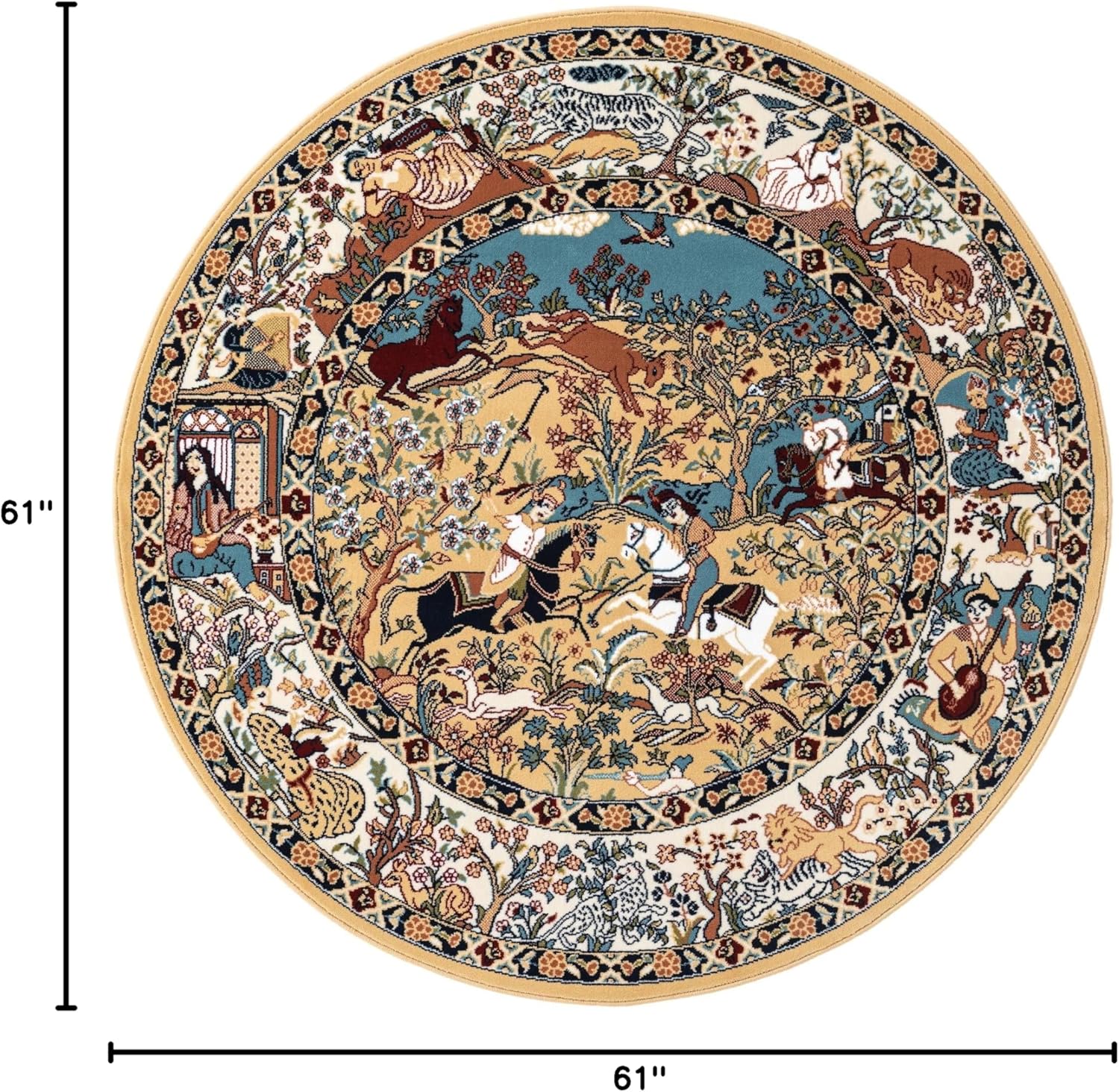 Round Tan and Blue Synthetic Stain-Resistant Area Rug