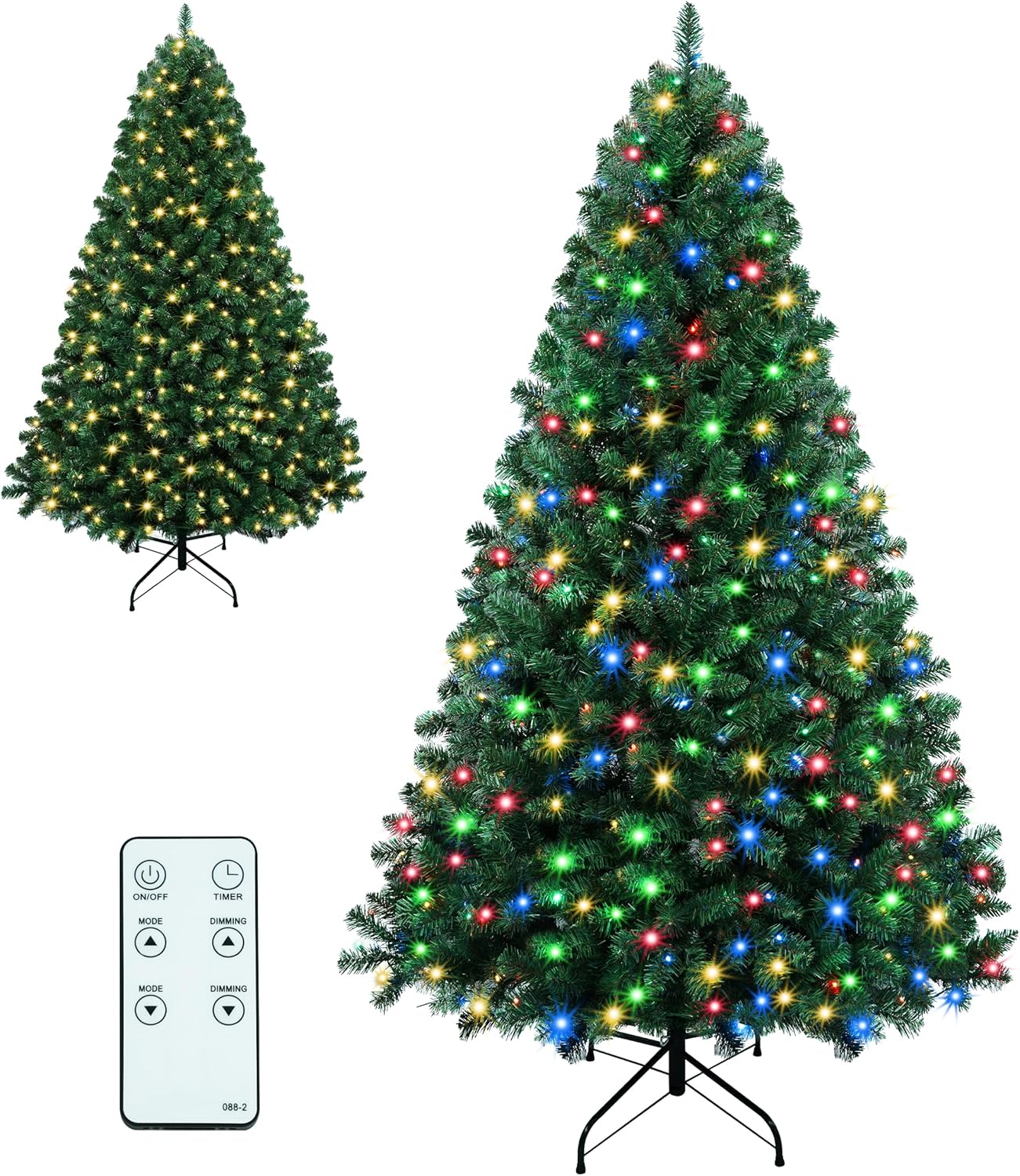 6.5ft Pre-Lit Christmas Tree, 330 LED Warm White & Multicolour Lights, 920 PVC Branch Tips, Remote Control, 10 Lighting Modes, Foldable Metal Stand, Holiday Decor