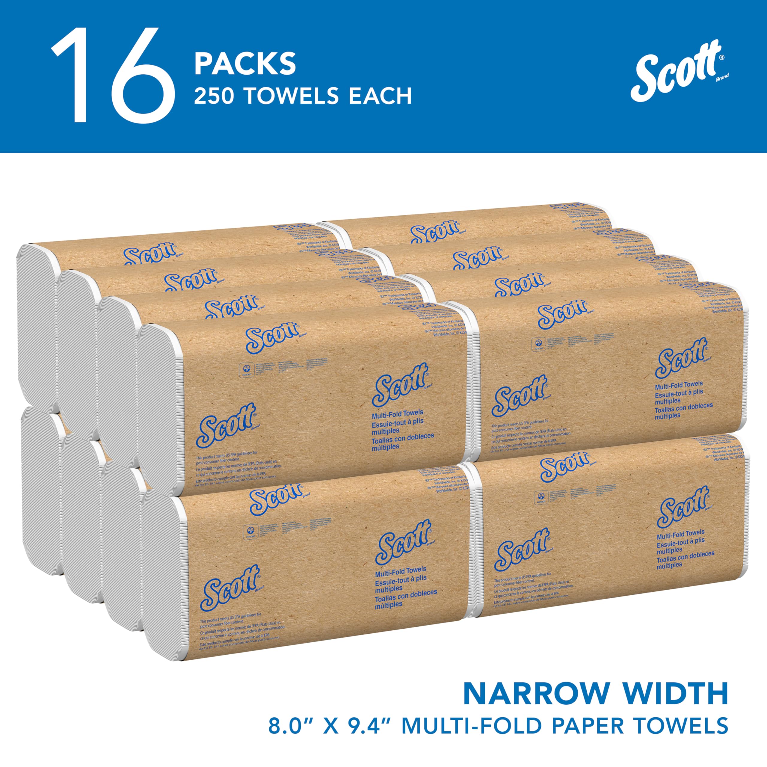 Scott Essential Essuie-mains 3749, Essuie-mains en papier pliés en V, Blanc, Haute Absorption, Doux, Résistants, Écoresponsables, 16 Clips x 250 Feuilles (4000 Feuilles au Total)
