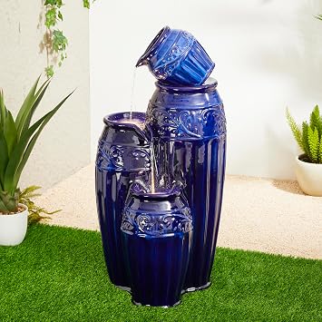 Glitzhome 35.5" H Oversized Outdoor Water Fountain with LED Lights and Pump, 4 Tier Cobalt Blue Embossed Pattern Ceramic Pots Cascading Floor Standing Fountain for Porch Deck Garden Patio Backyard