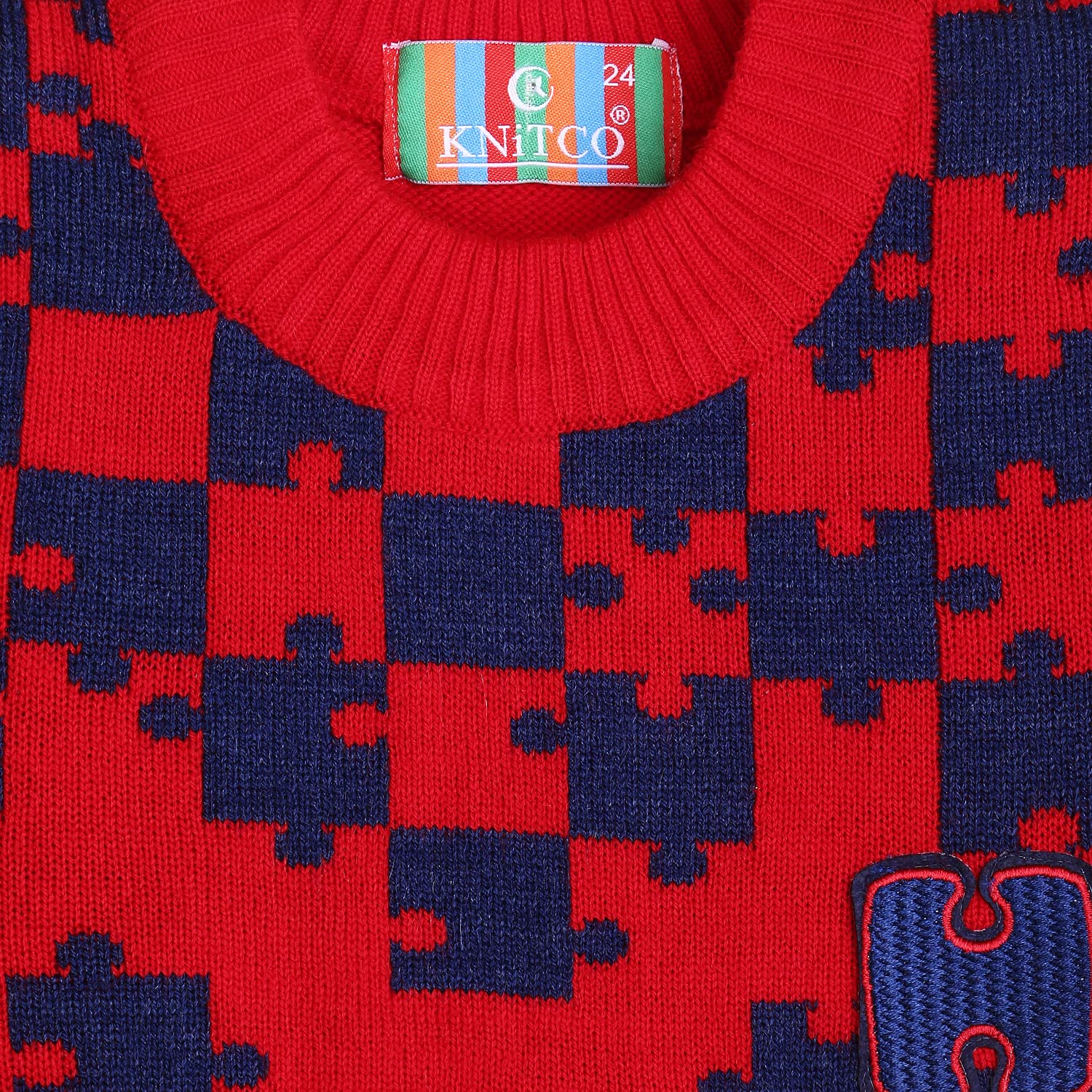 KNITCO Boys Woolen Acrylic Sweater Puzzle Pattern Regular fit Full Sleeves (2-3 Years, Red) - Image 3 thumbnail