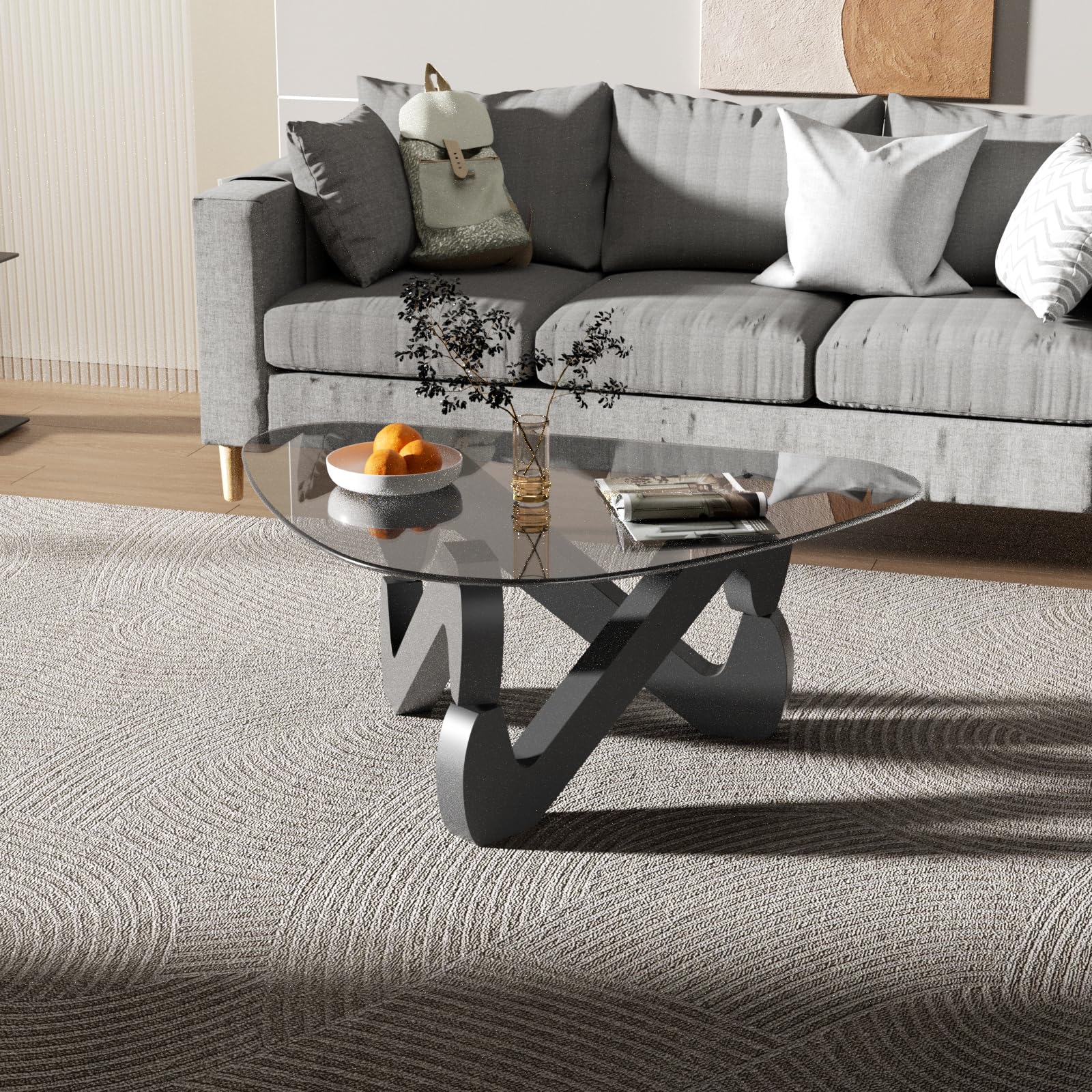 Mesa de centro de cristal triangular, mesa de centro moderna con base triangular de madera maciza y vidrio templado grueso, mesa auxiliar, mesa de café elegante para sala de estar oficina, 82 x 57 x