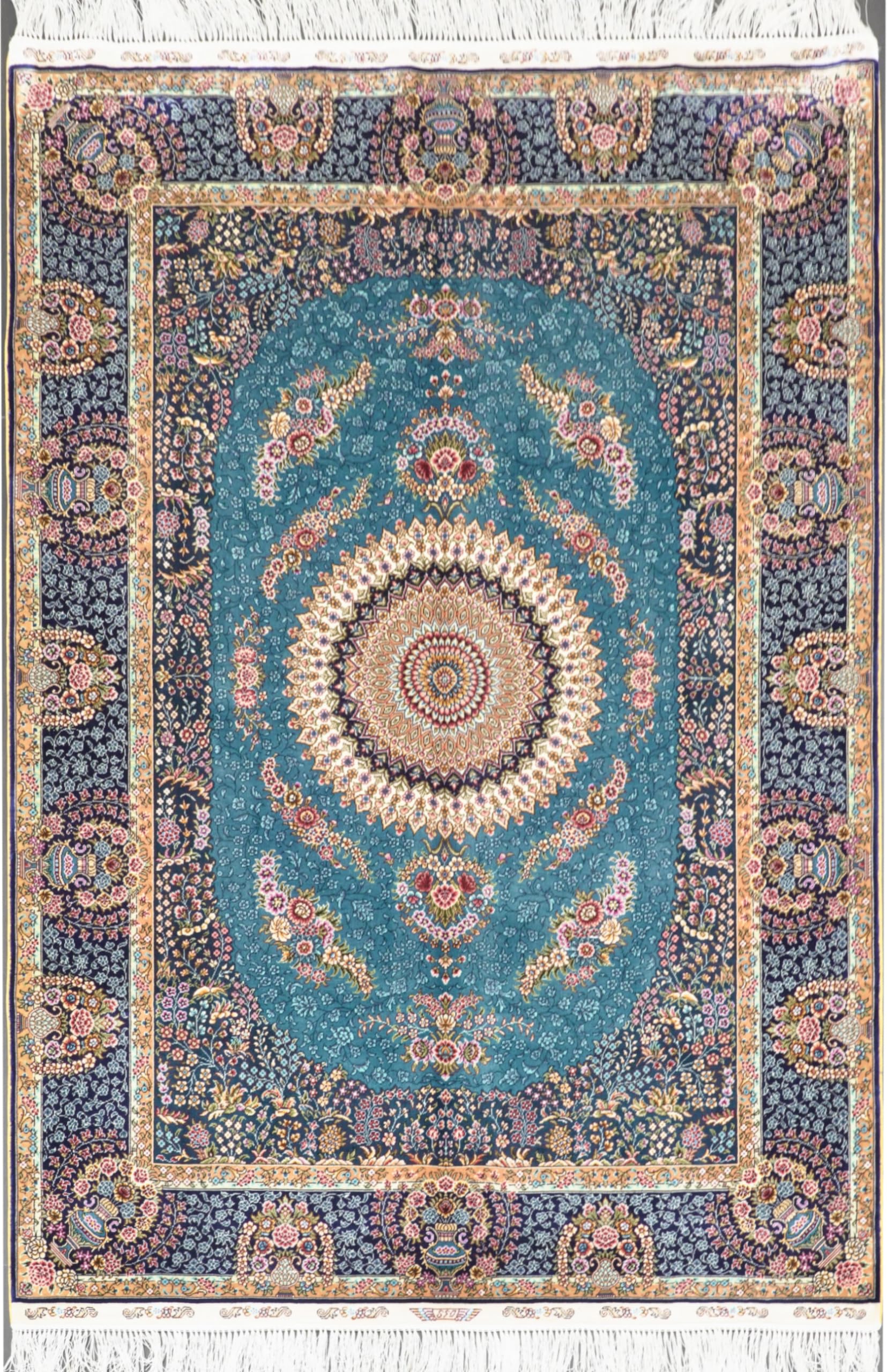 Silk Carpet 4x6 Blue Hand Woven Vintage Traditional Medallion Oriental Silk Rug for Living Room