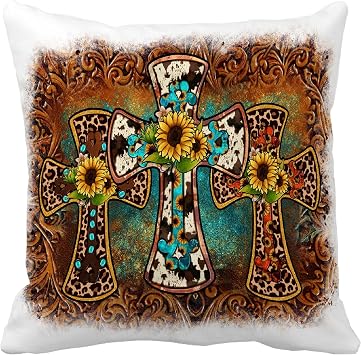 Leaveland Brown and Turquoise Cross 18x18 Inch Throw Pillow Cover Leopard Cowhide Leather Print Decorative Soft Accent Cushion Case Spring Summer Sunflower Fall Winter Christmas Couch Western Decor