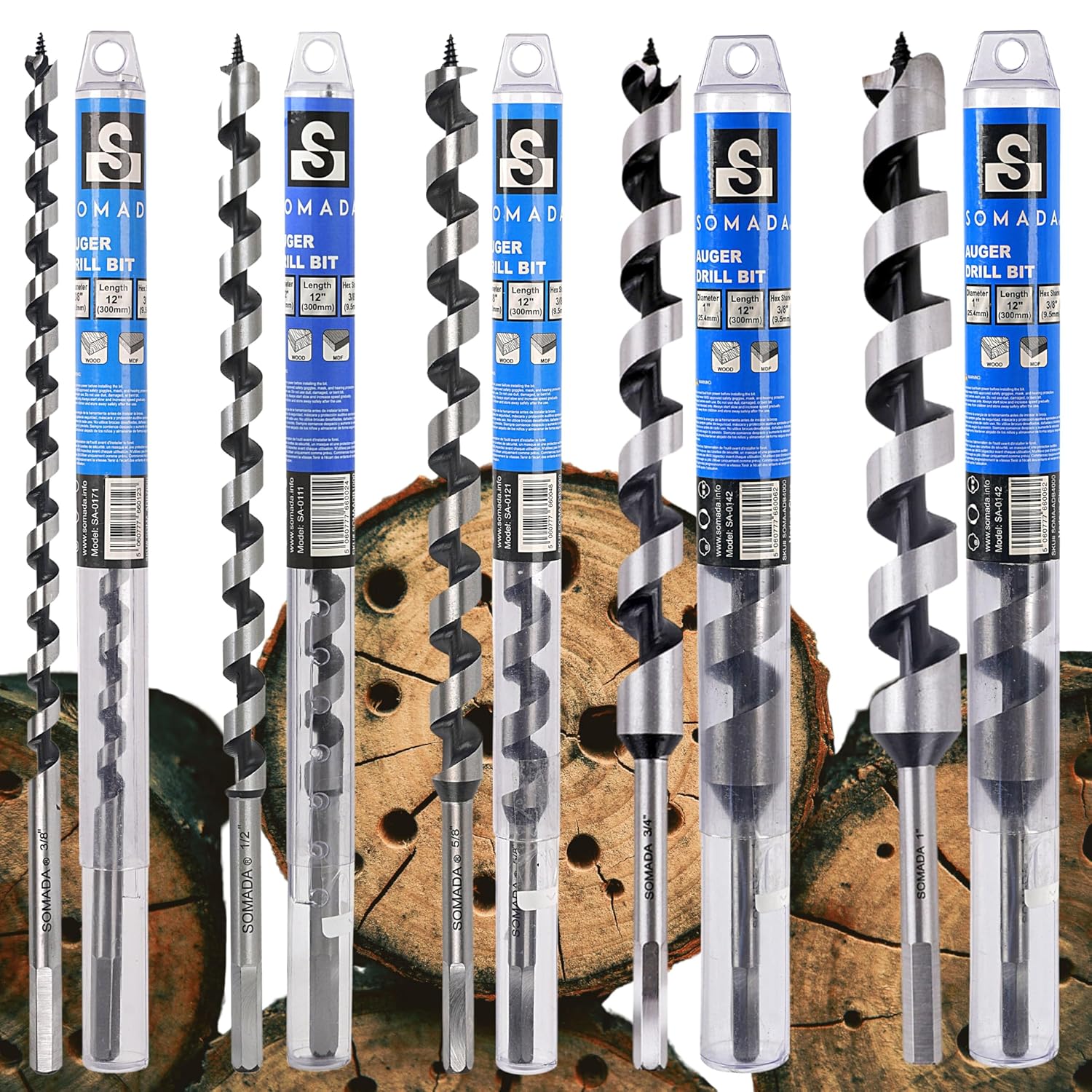 SOMADA Long Auger Drill Bit Set for Wood -5 Pcs, 3/8-Inch, 1/2-Inch, 5/8-Inch, 3/4-Inch, and 1-Inch Diameter with 12-Inch Long Hex Shank, Ship Auger Bit Set
