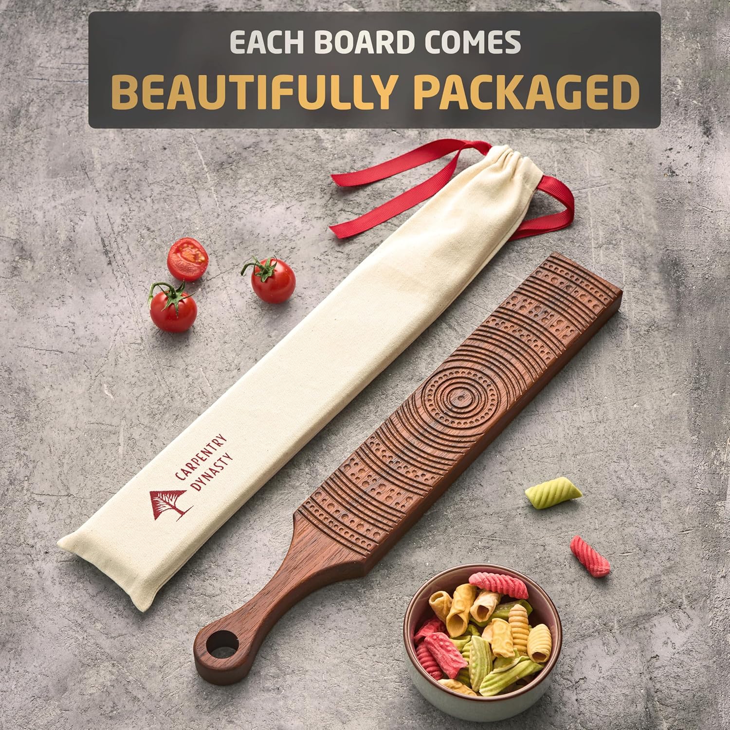 Premium Solid Exotic Hardwood Pasta & Butter Board – Handmade Wooden Pasta Maker for Gnocchi, Cavatelli & Garganelli – Butter Pattern Kitchen Tools (Merbau, DesignB)