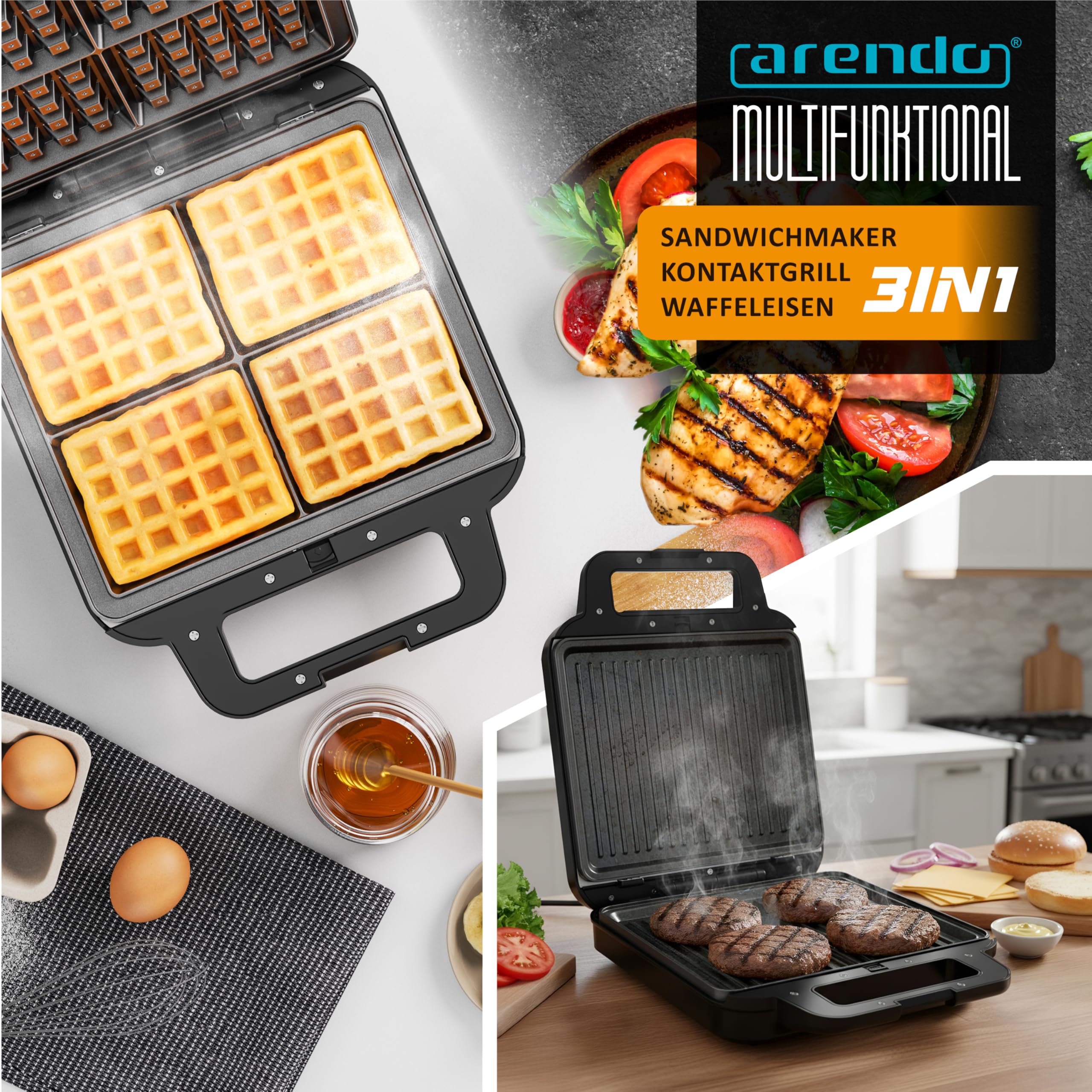 Arendo - Sandwichmaker XXL 4er - 3 in 1 Waffeleisen Kontaktgrill mit abnehmbaren Platten - mit Antihaftbeschichtung - BPA frei - Temperaturkontrolle – Sandwichtoaster - 4er Platten