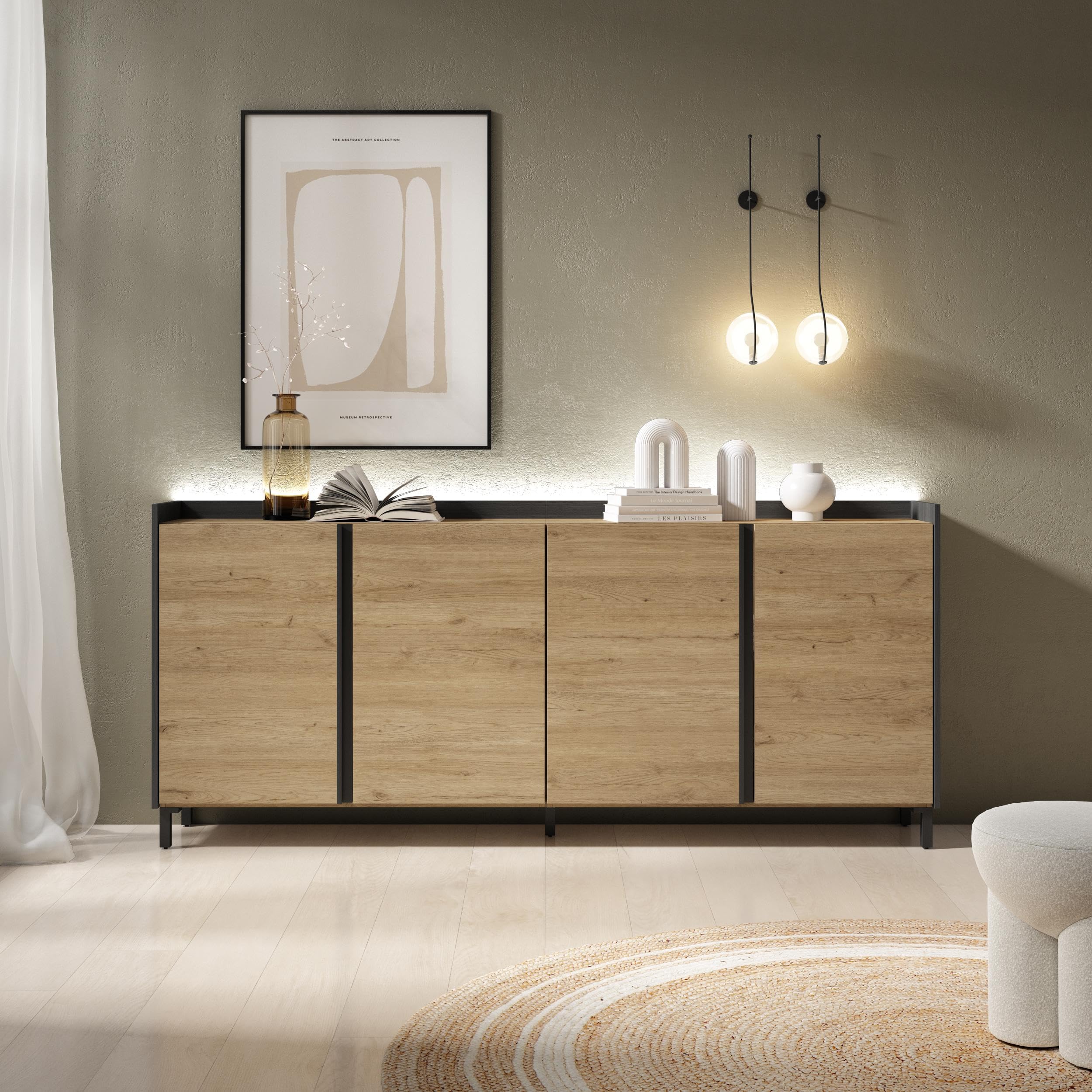 Skraut Home | Aparadores para salón | Gran Capacidad de almacenaje | 207x91x35 cm | 4 Puertas | Diseño Industrial | LED | Estilo Moderno | Roble y Negro