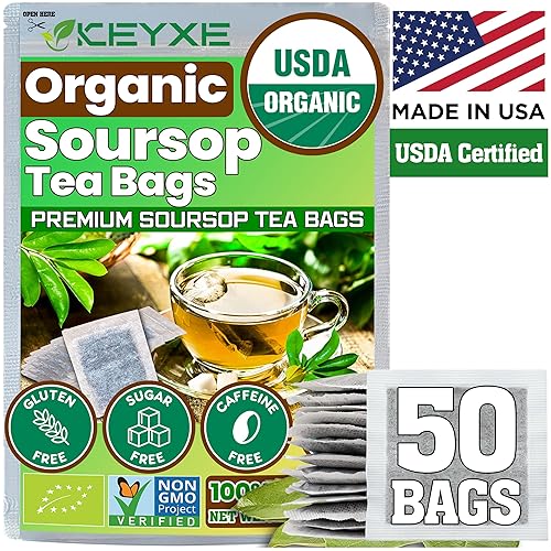 KEYXE Té de guanábana certificado orgánico por USDA y verificado sin OMG, 50 bolsas de té de guanábana hechas a mano con 100% hoja de guanábana, sin