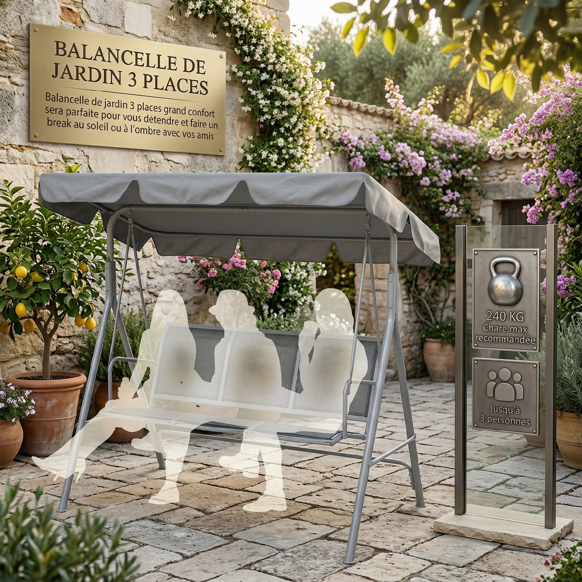 Outsunny Balancelle de Jardin 3 Places Grand Confort Toit imperméable Structure en Acier Gris