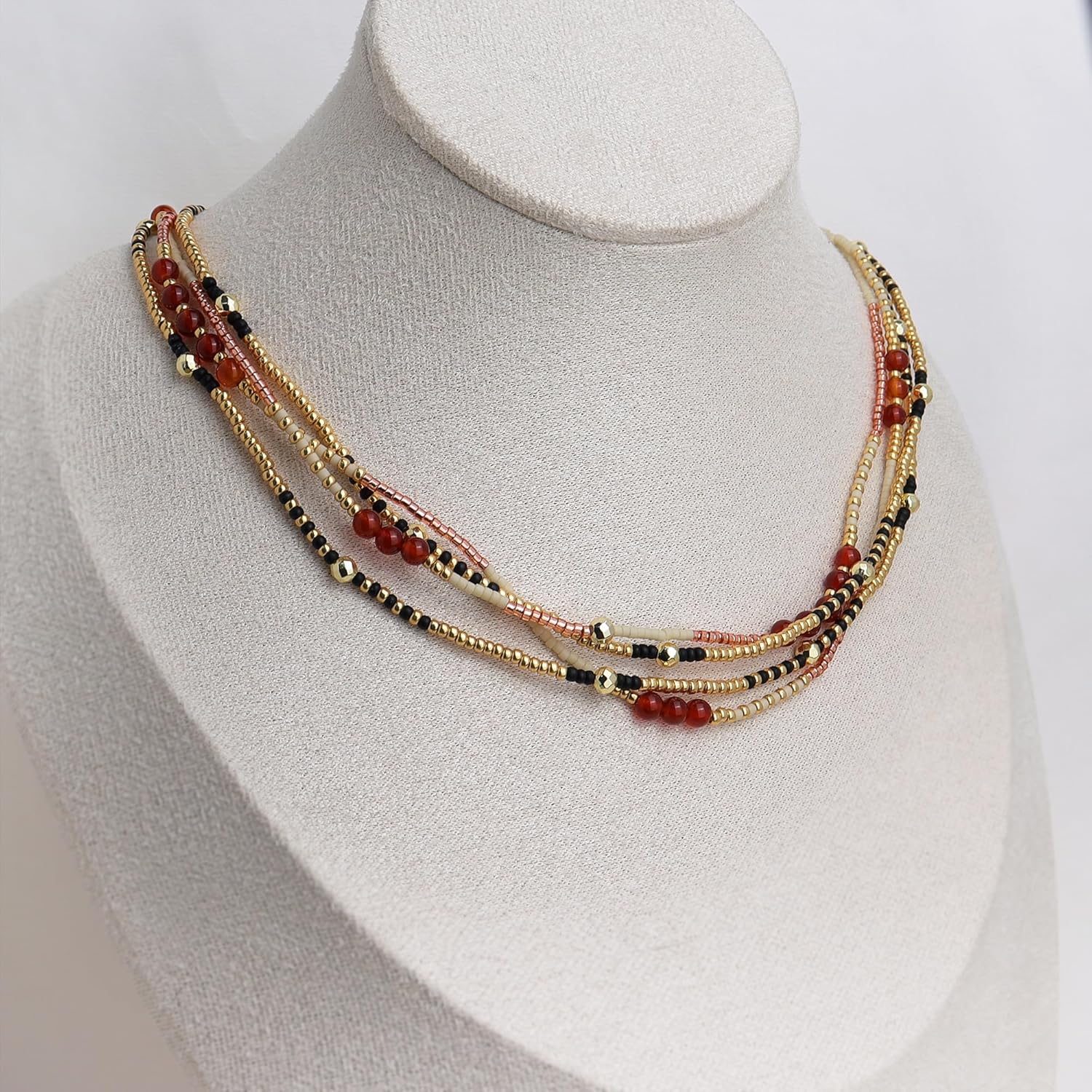 Gold Beaded Gemstone Stackable Stretch Bracelets for Women, Dainty Boho Handmade Natural Stone Red Bead Ball Layered Bracelet Summer Beach Jewelry Gift - Image 6