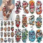 77 Sheets Temporary Tattoo for Women Men, 17 Sheets Half Arm Skull Fox Tiger Cat Parrot Snake Fake Tattoos, 60 Sheets Vintage Traditional Tiny for Adult Kids Body Tattoos Stickers Waterproof Realistic
