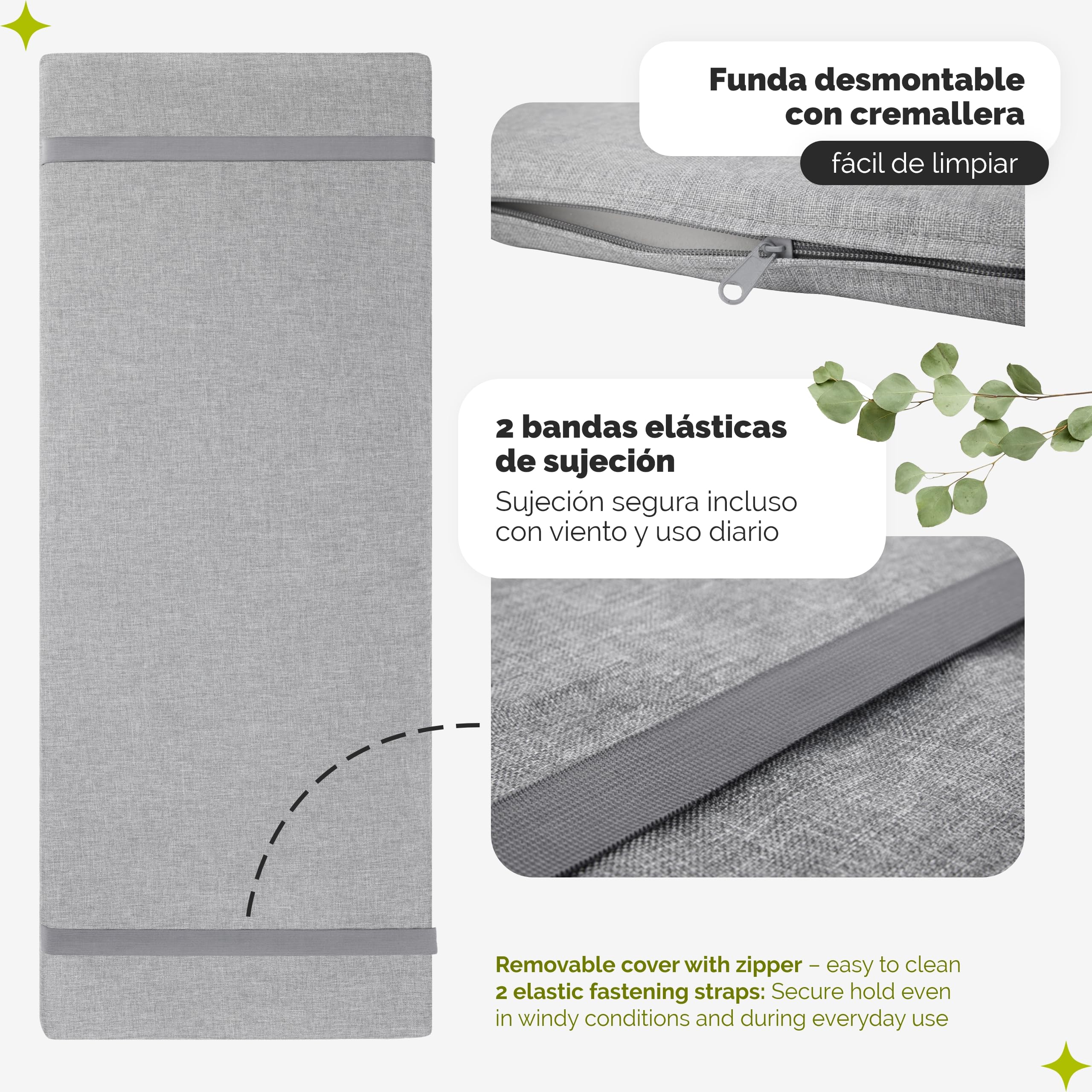 Garronda Cojín Impermeable para Banco 100x40 cm Aprox 4 cm Grosor Asiento Exterior para Banco de jardín y Columpio Acolchado Resistente UV con Cintas Gris Claro GD-0220