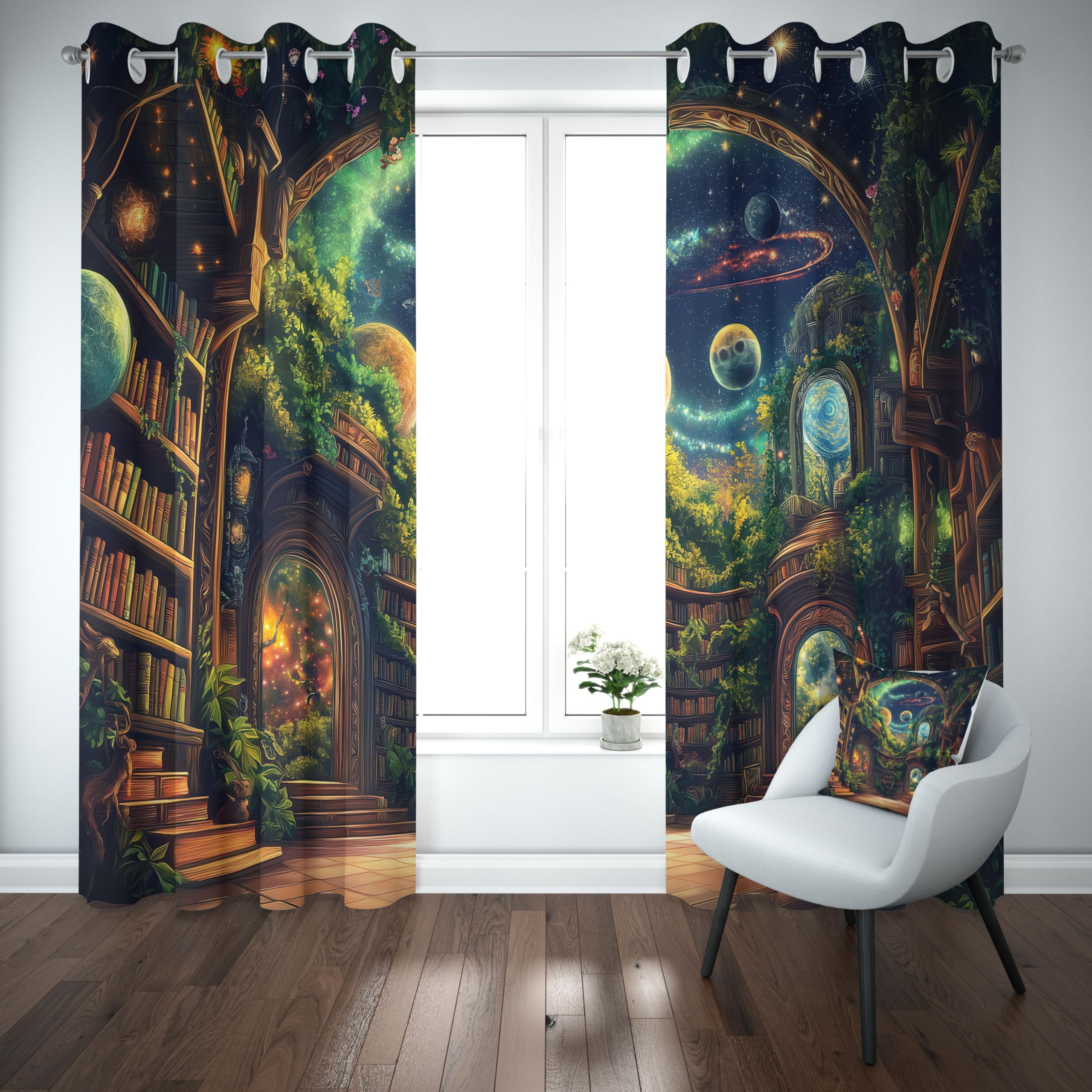 Lot de 2 Rideaux Bibliothèque Étagères de Livres, Rideau Occultant Rêves Univers Planète, Thermique Isolant Anti Froid 70x240, Draperies Interieurs, Rideau a Oeillets pour Salon Chambre