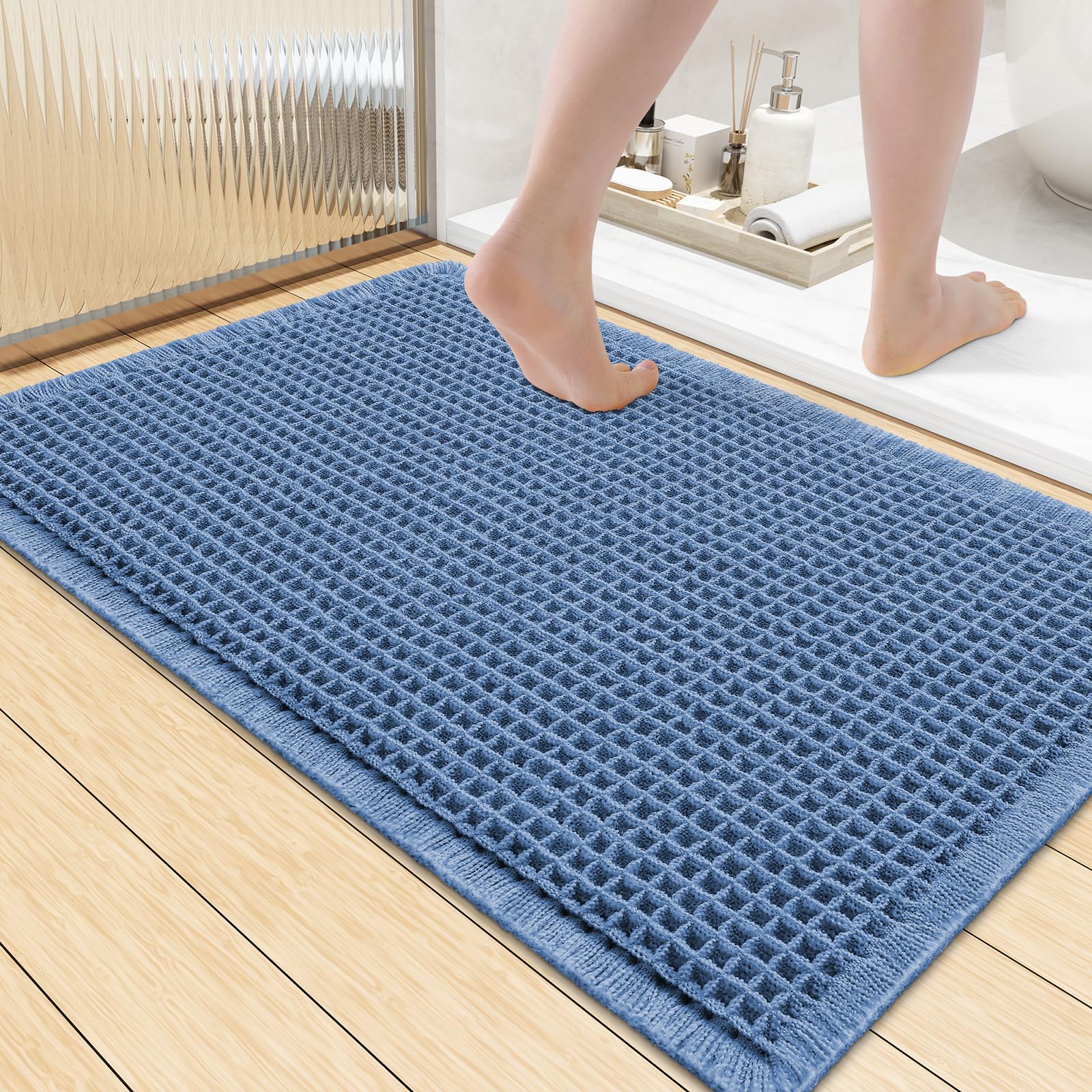 Smiry Waffle Bath Mat 36X24, Extra Soft Absorbent Bathroom Rugs, Blue